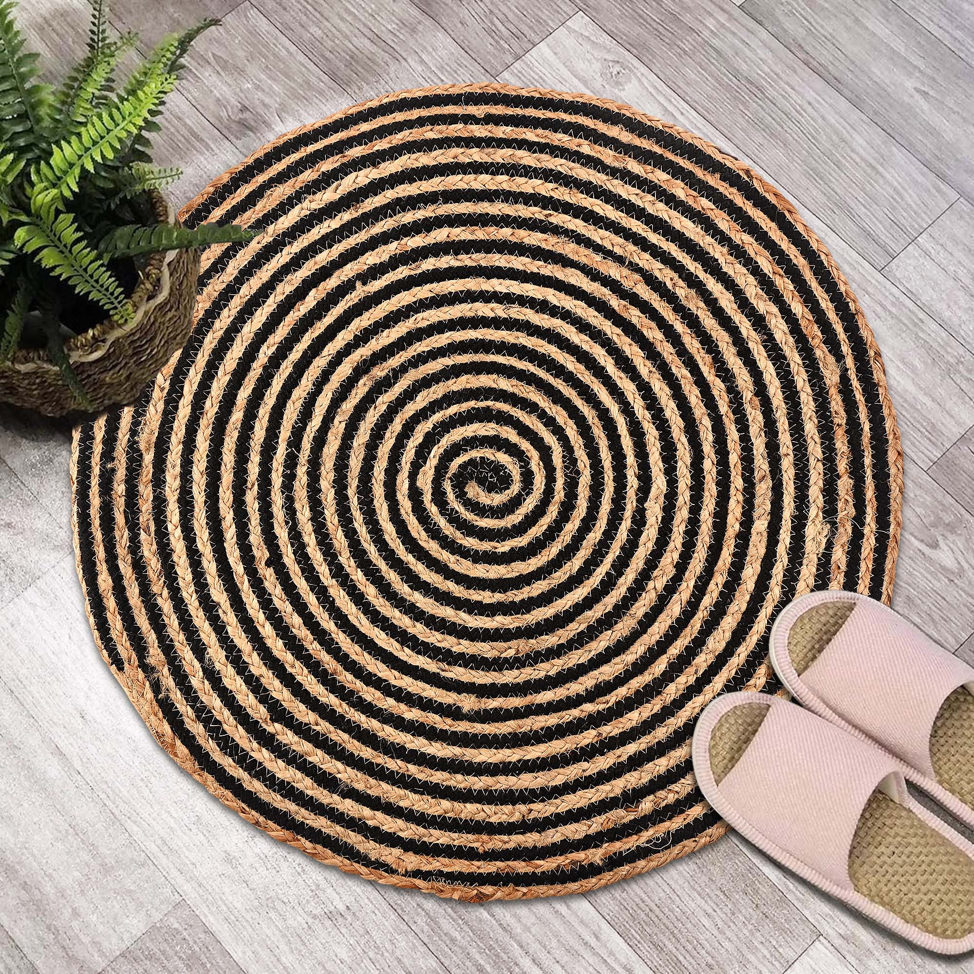 Kuber Industries 2x2 Feet Handwoven Jute Door Mats for Home Entrance  Aesthetic Round Floor Mat for Living Room Bedroom  Office Decor  Perdan for Home  Spiral - Black  Brown