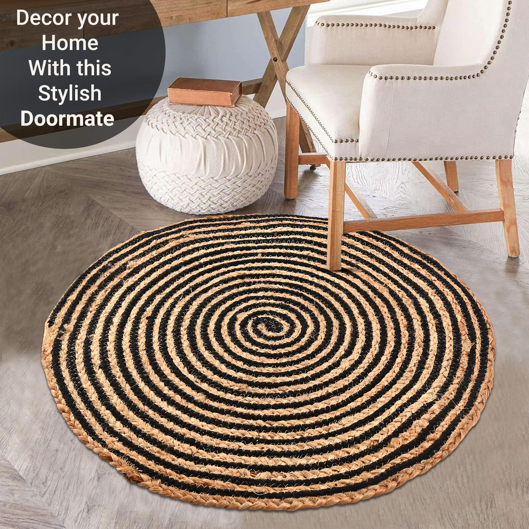 Kuber Industries 2x2 Feet Handwoven Jute Door Mats for Home Entrance  Aesthetic Round Floor Mat for Living Room Bedroom  Office Decor  Perdan for Home  Spiral - Black  Brown