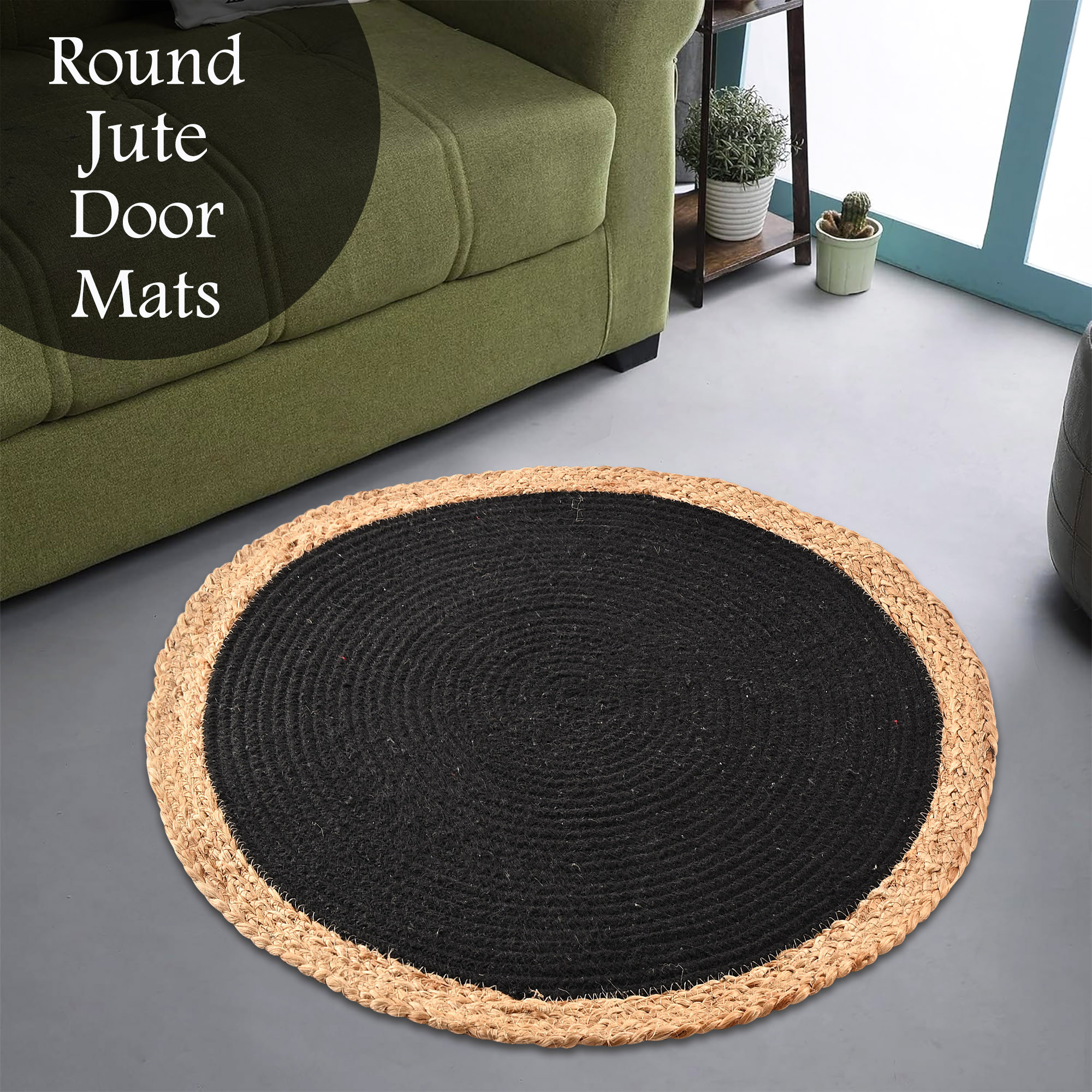 Kuber Industries 2x2 Feet Handwoven Jute Door Mats for Home Entrance  Aesthetic Round Floor Mat for Living Room Bedroom  Office Decor  Perdan for Home  Braid Border - Brown  Black