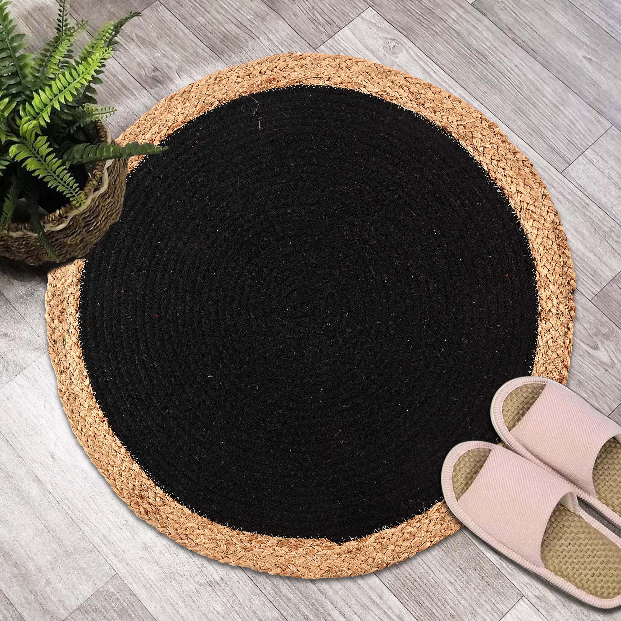 Kuber Industries 2x2 Feet Handwoven Jute Door Mats for Home Entrance  Aesthetic Round Floor Mat for Living Room Bedroom  Office Decor  Perdan for Home  Braid Border - Brown  Black