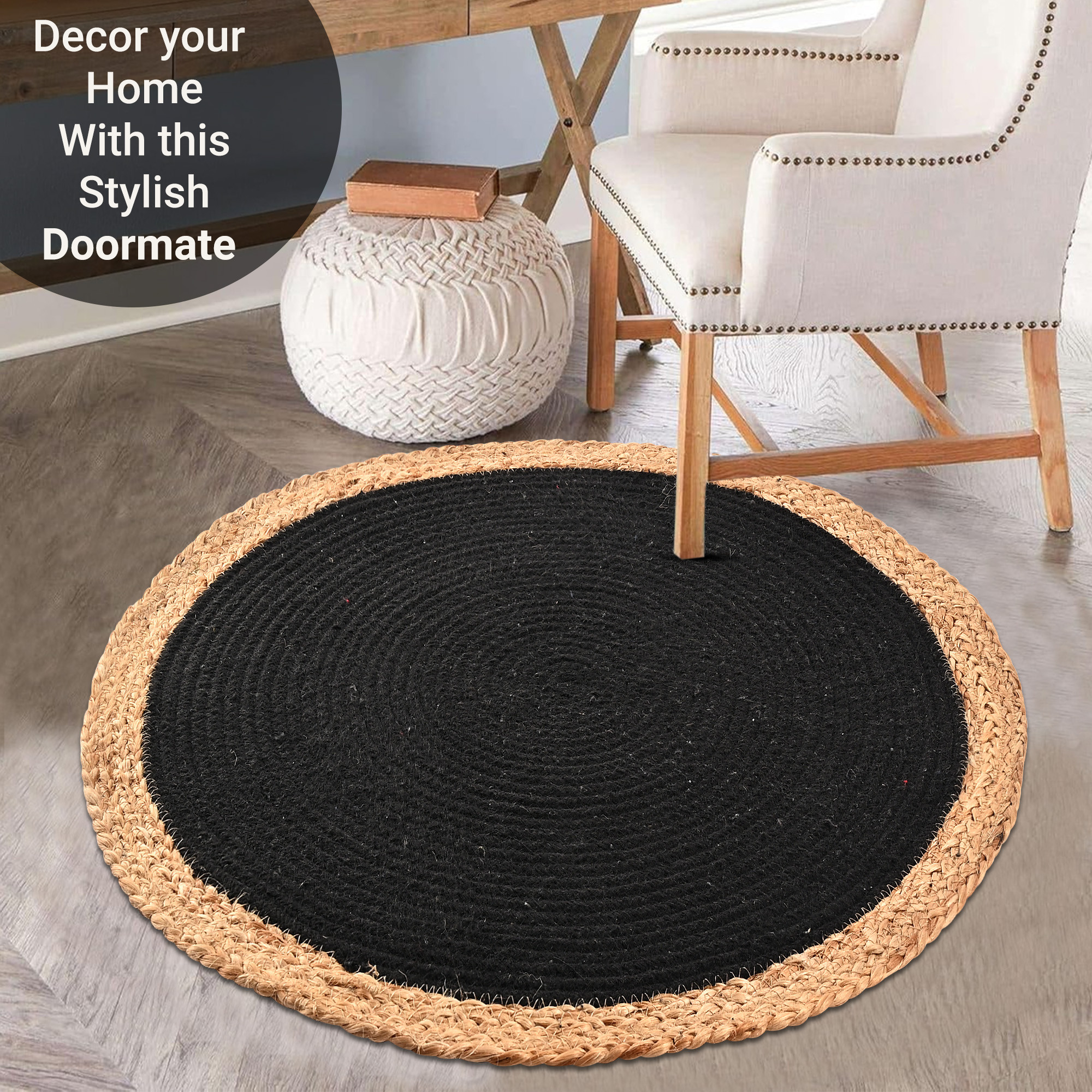 Kuber Industries 2x2 Feet Handwoven Jute Door Mats for Home Entrance  Aesthetic Round Floor Mat for Living Room Bedroom  Office Decor  Perdan for Home  Braid Border - Brown  Black