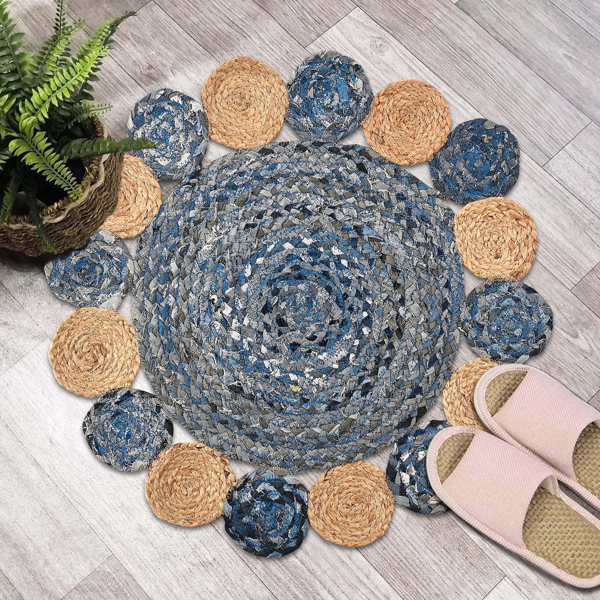 Kuber Industries 2x2 Feet Handwoven Jute Door Mats for Home Entrance  Aesthetic Round Floor Mat for Living Room Bedroom  Office Decor  Perdan for Home  Floral - Blue  Brown