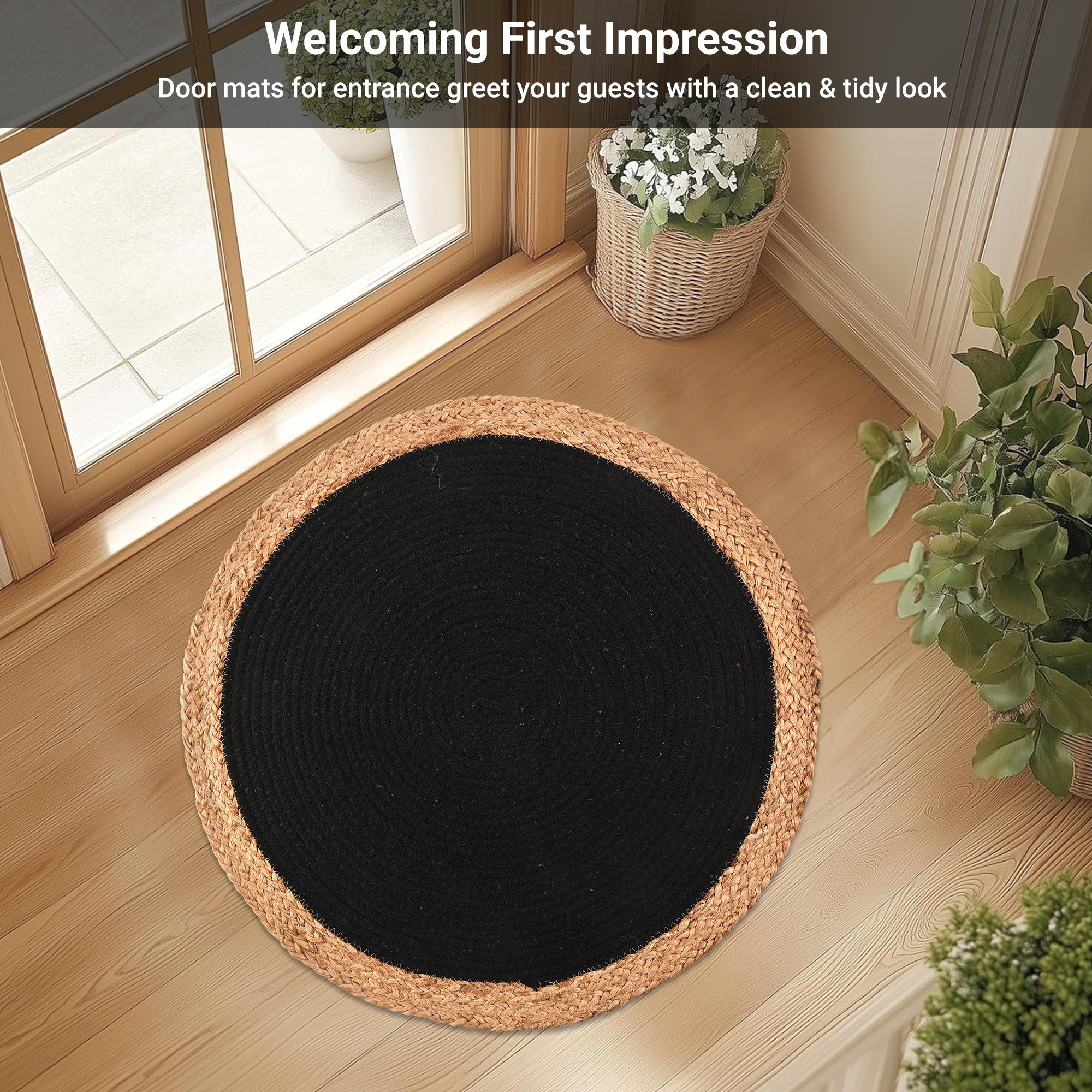 Kuber Industries 2x2 Feet Handwoven Jute Door Mats for Home Entrance  Aesthetic Round Floor Mat for Living Room Bedroom  Office Decor  Perdan for Home  Braid Border - Brown  Black