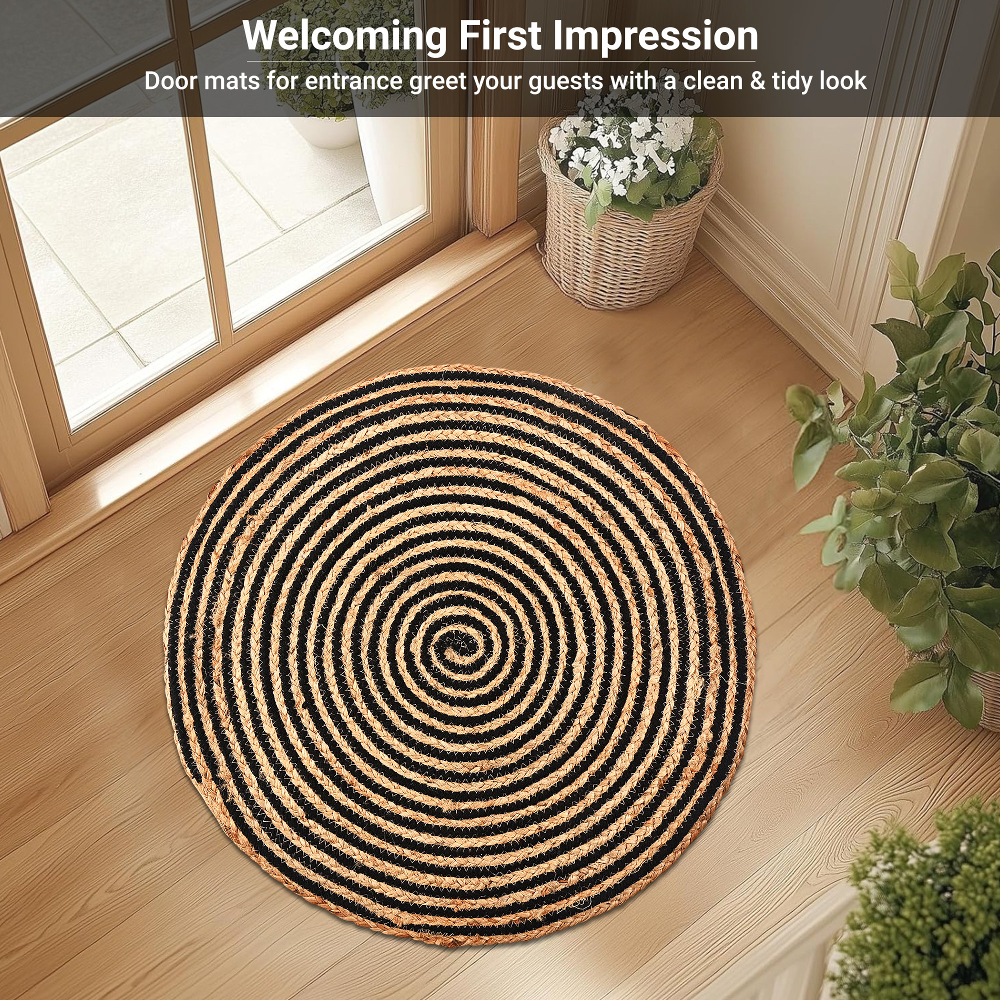 Kuber Industries 2x2 Feet Handwoven Jute Door Mats for Home Entrance  Aesthetic Round Floor Mat for Living Room Bedroom  Office Decor  Perdan for Home  Spiral - Black  Brown