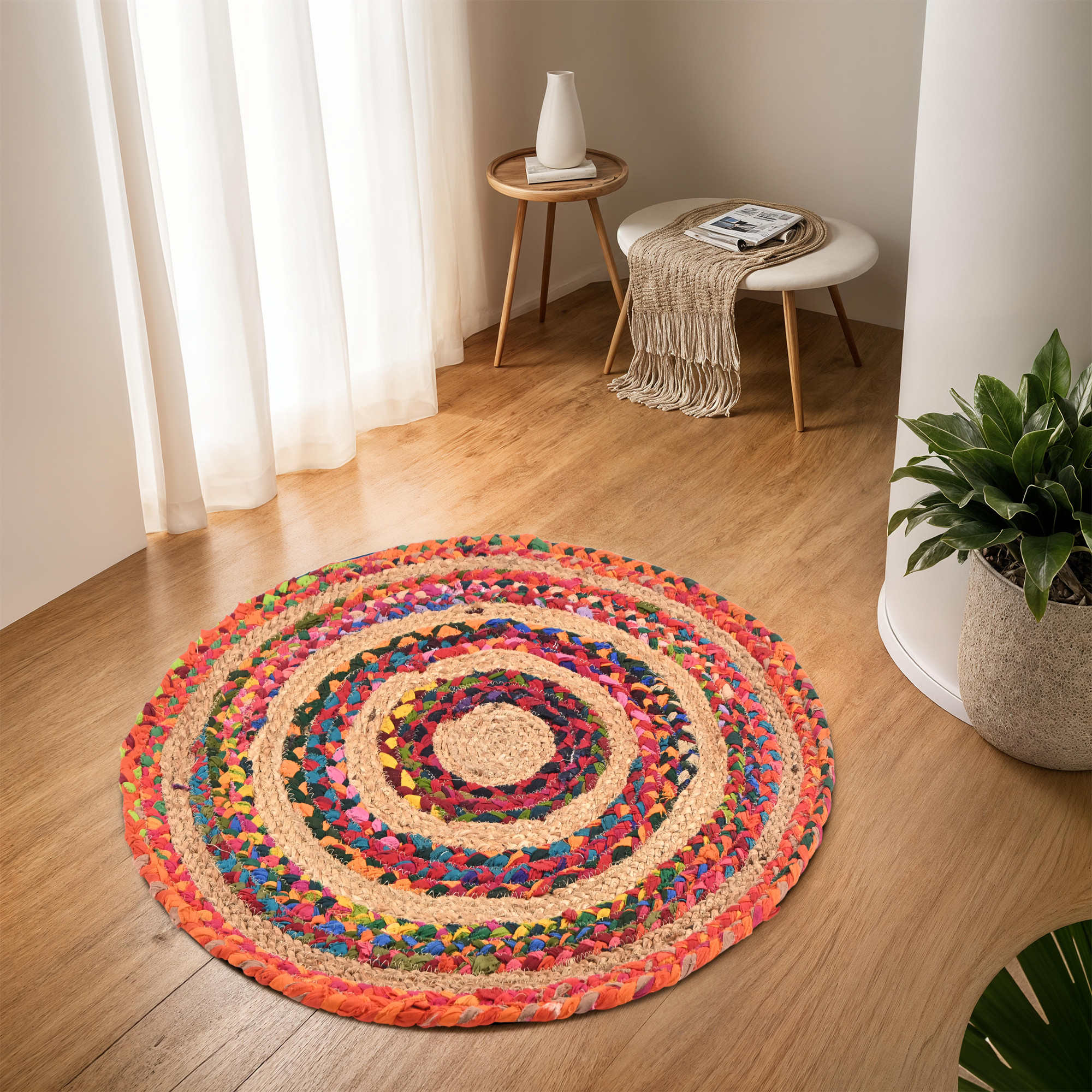 Kuber Industries 2x2 Ft Handwoven Jute Door Mats for Home Entrance  Aesthetic Round Floor Mat for Living Room  Bedroom  Perdan for Home  Hotels  Multi Chindi- Brown