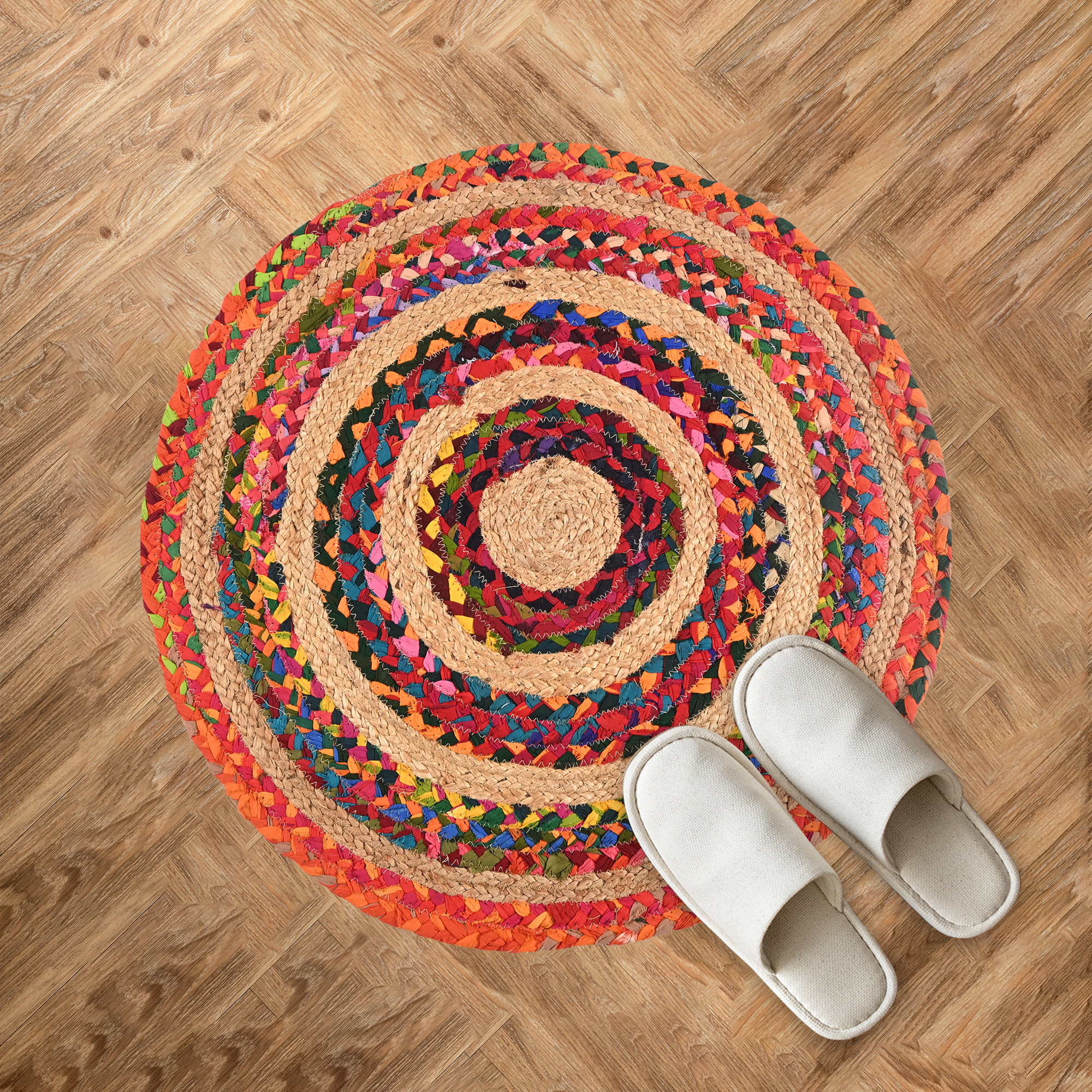 Kuber Industries 2x2 Ft Handwoven Jute Door Mats for Home Entrance  Aesthetic Round Floor Mat for Living Room  Bedroom  Perdan for Home  Hotels  Multi Chindi- Brown