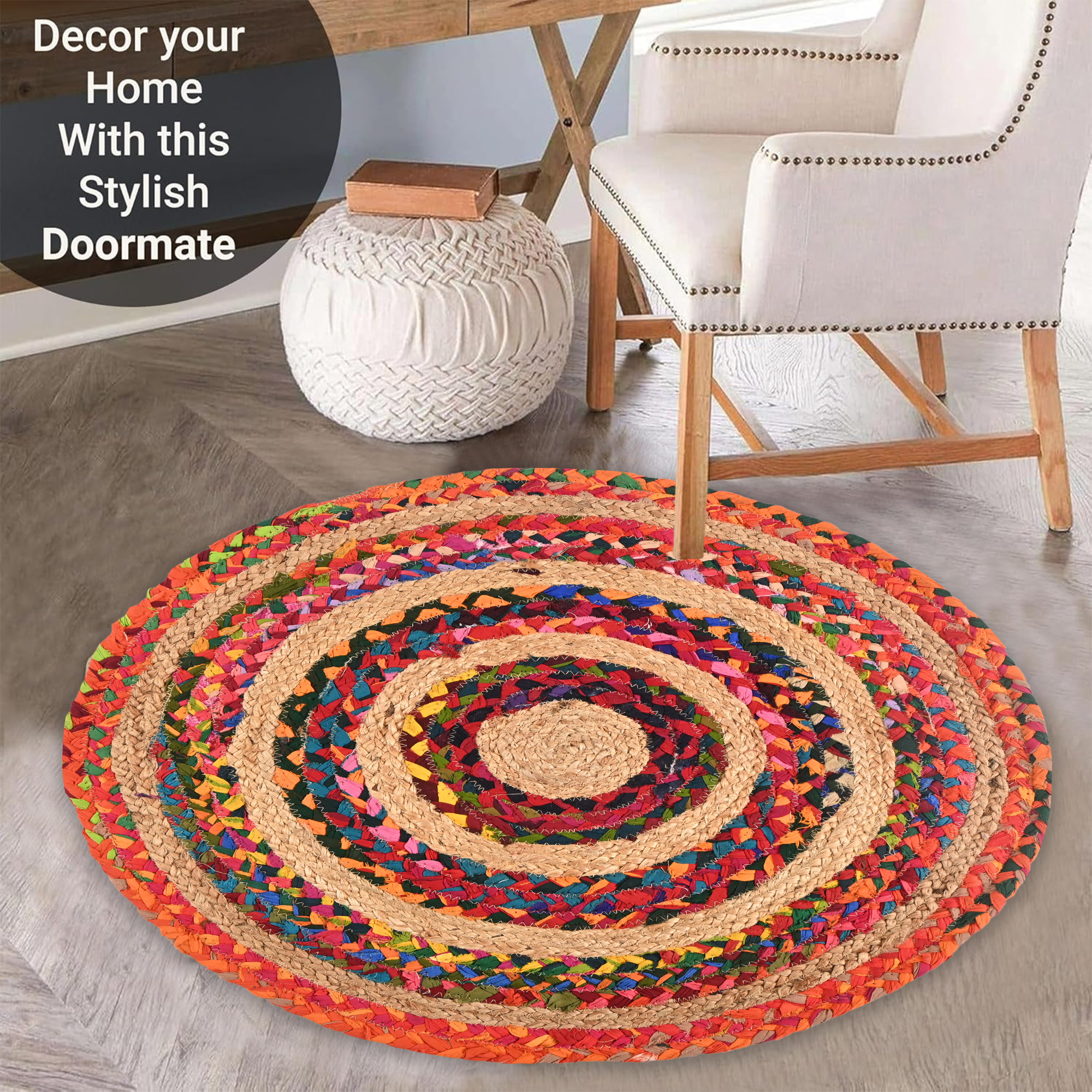 Kuber Industries 2x2 Ft Handwoven Jute Door Mats for Home Entrance  Aesthetic Round Floor Mat for Living Room  Bedroom  Perdan for Home  Hotels  Multi Chindi- Brown