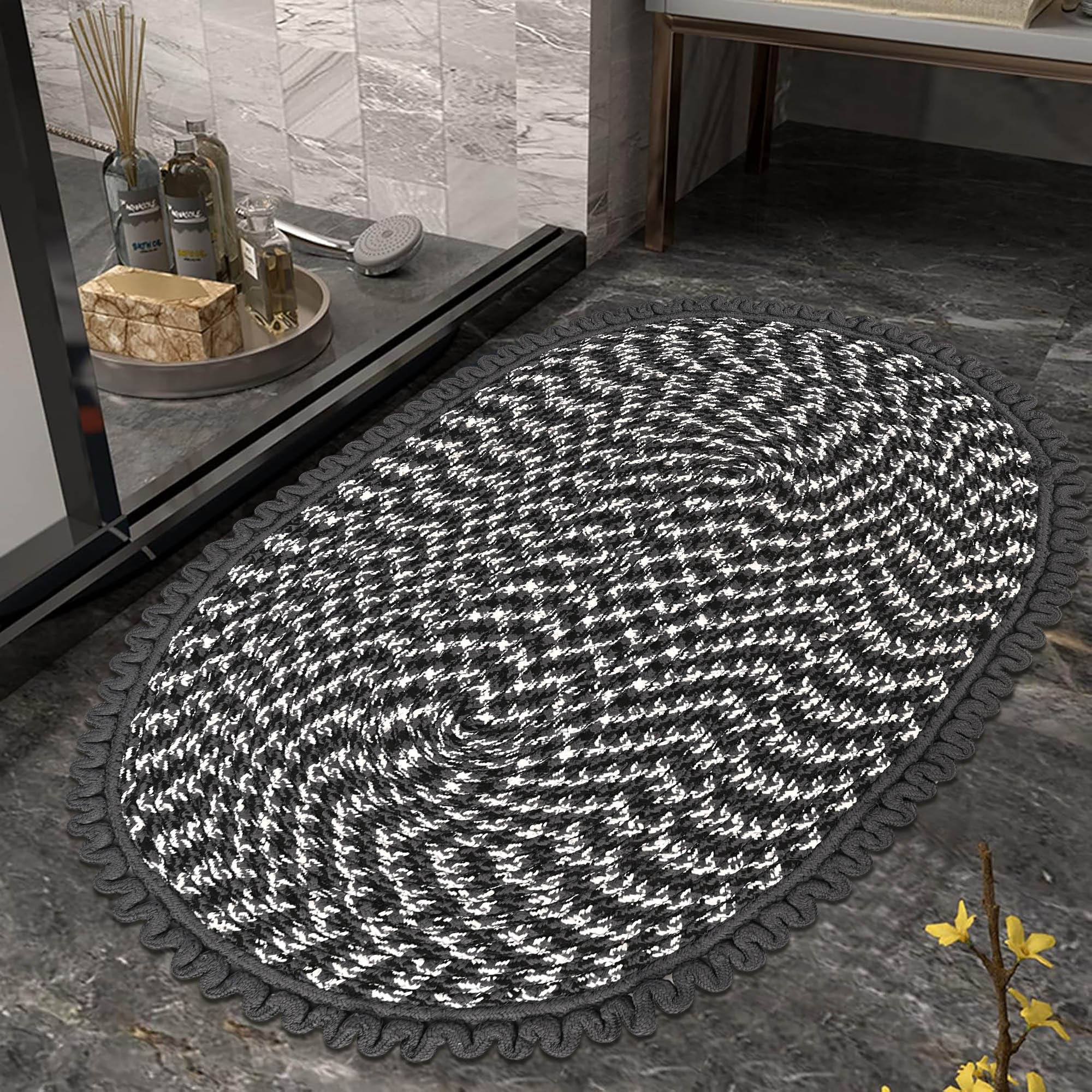 Kuber Industries 2x3 Feet Oval Door  Bathroom Mat Perfect for Indoor  Outdoor Use  Washable Kitchen Mat for Floor  Bedside Rug  Balcony Paidan  Spiral Design - Grey  White