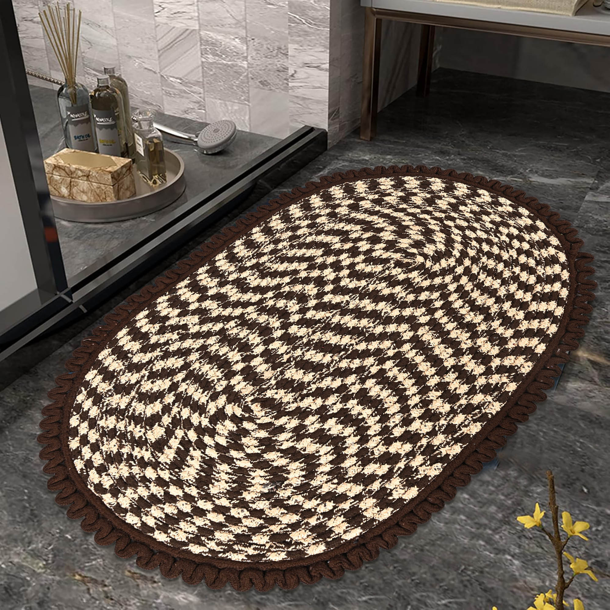 Kuber Industries 2x3 Feet Oval Door  Bathroom Mat Perfect for Indoor  Outdoor Use  Washable Kitchen Mat for Floor  Bedside Rug  Balcony Paidan  Spiral Design -Brown  Cream