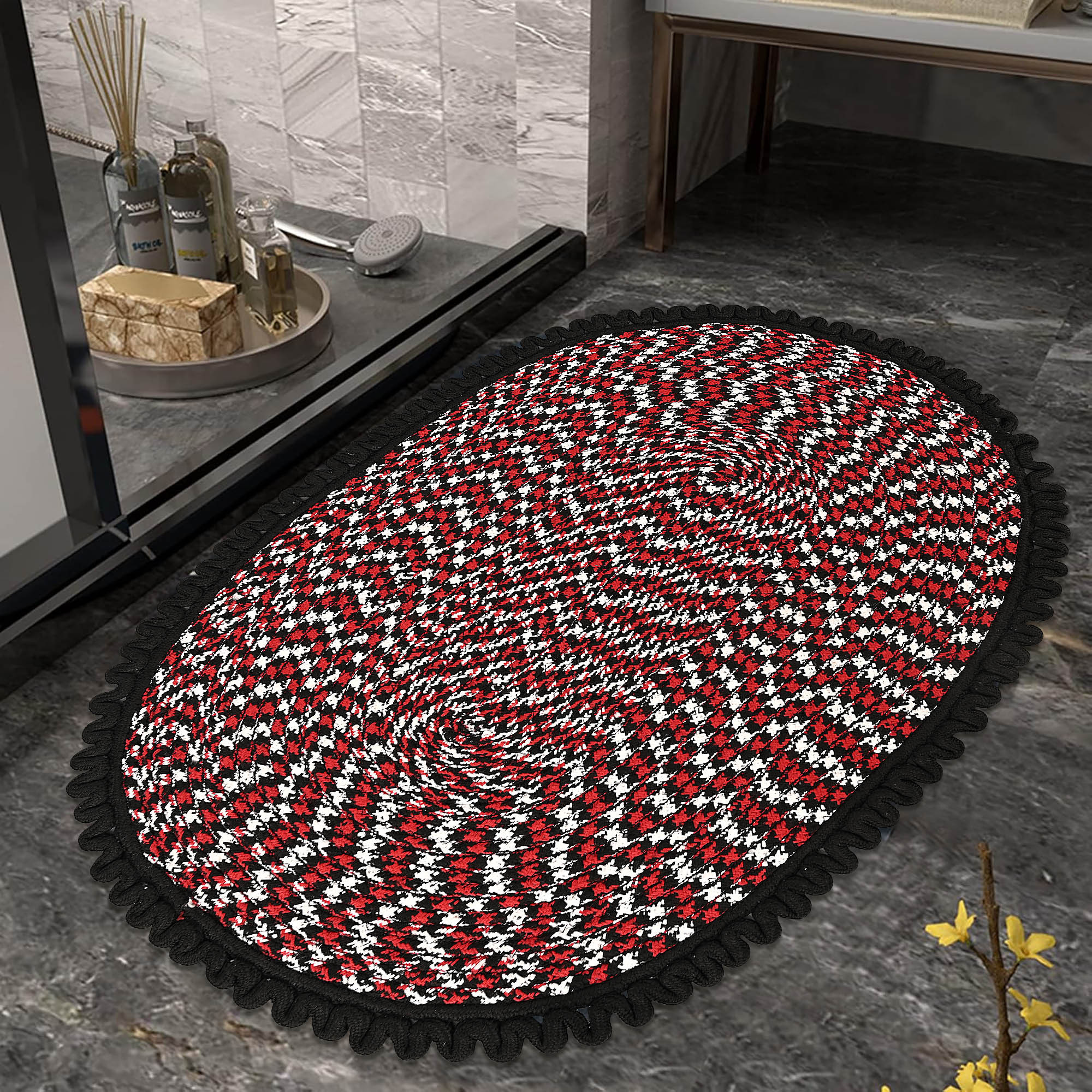 Kuber Industries 2x3 Feet Oval Door  Bathroom Mat Perfect for Indoor  Outdoor Use  Washable Kitchen Mat for Floor  Bedside Rug  Balcony Paidan  Spiral Design -Black  Red