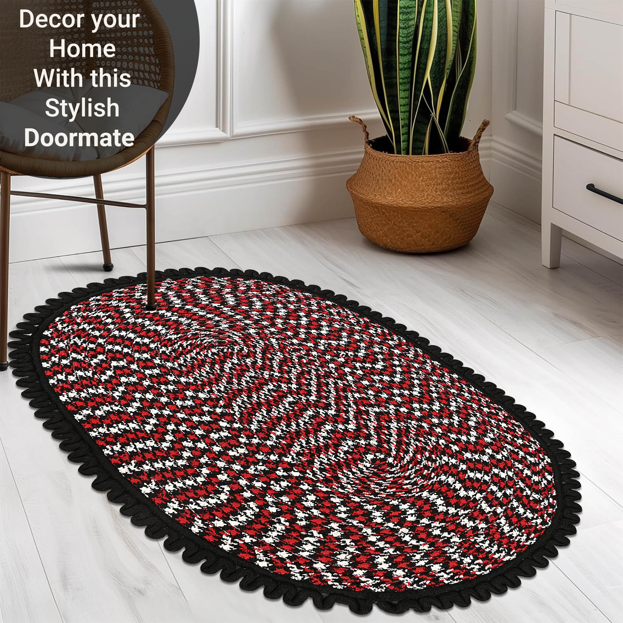 Kuber Industries 2x3 Feet Oval Door  Bathroom Mat Perfect for Indoor  Outdoor Use  Washable Kitchen Mat for Floor  Bedside Rug  Balcony Paidan  Spiral Design -Black  Red