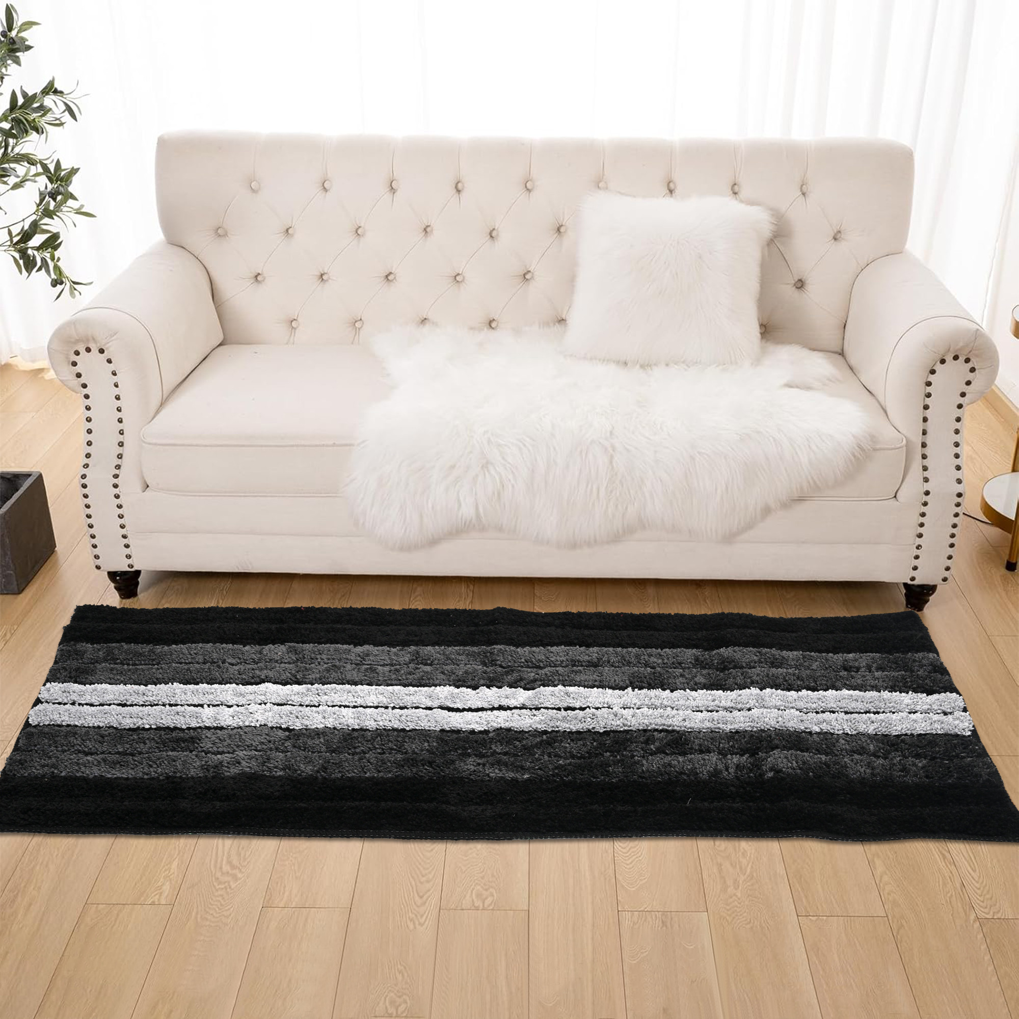 Kuber Industries 2x4 Feet Anti Skid Runner for Bedroom  Living Room  Durable Bedside Carpet  Kitchen Runner for Floor  Foldable Rugs  Mat for Home  Stripes - Grey  Black