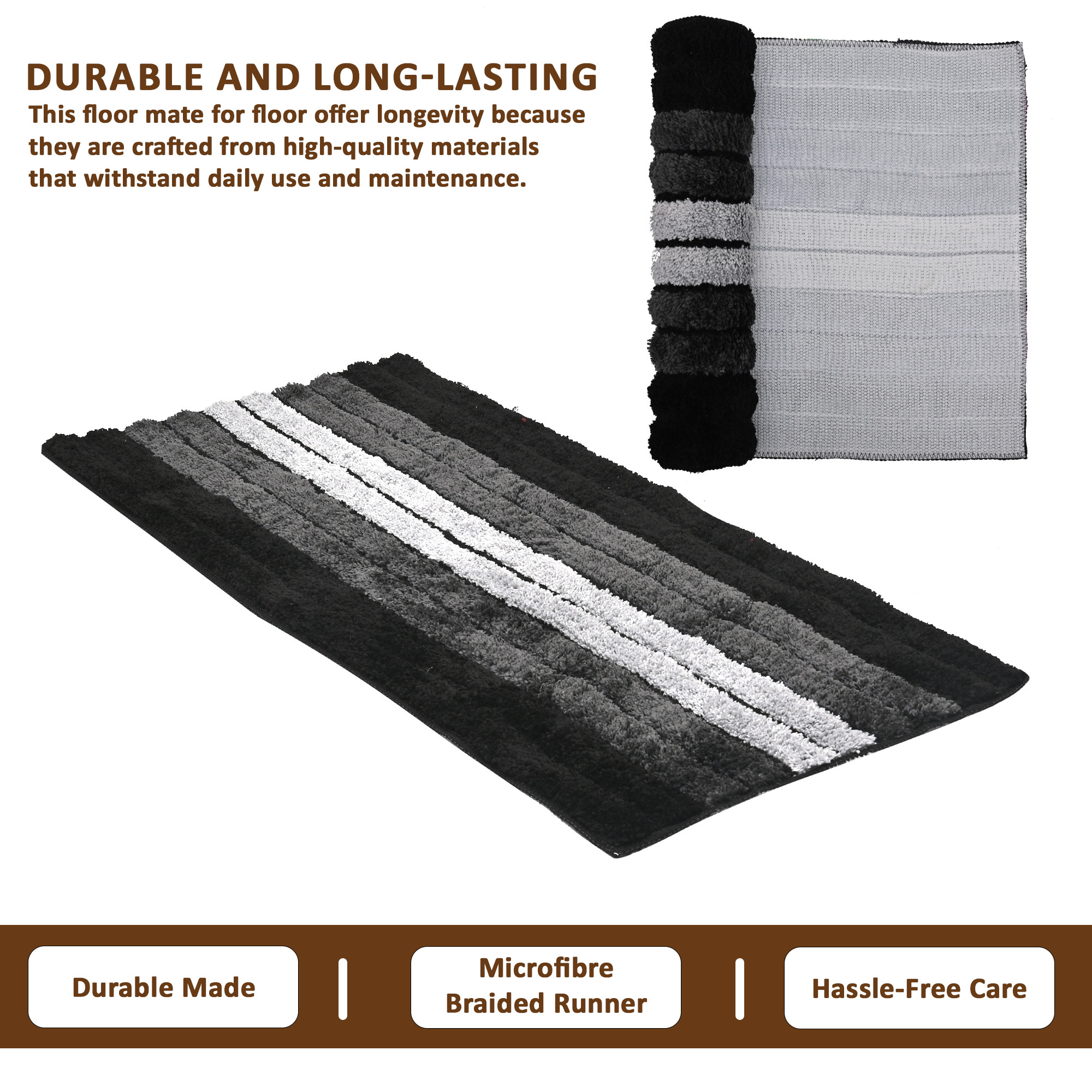 Kuber Industries 2x4 Feet Anti Skid Runner for Bedroom  Living Room  Durable Bedside Carpet  Kitchen Runner for Floor  Foldable Rugs  Mat for Home  Stripes - Grey  Black