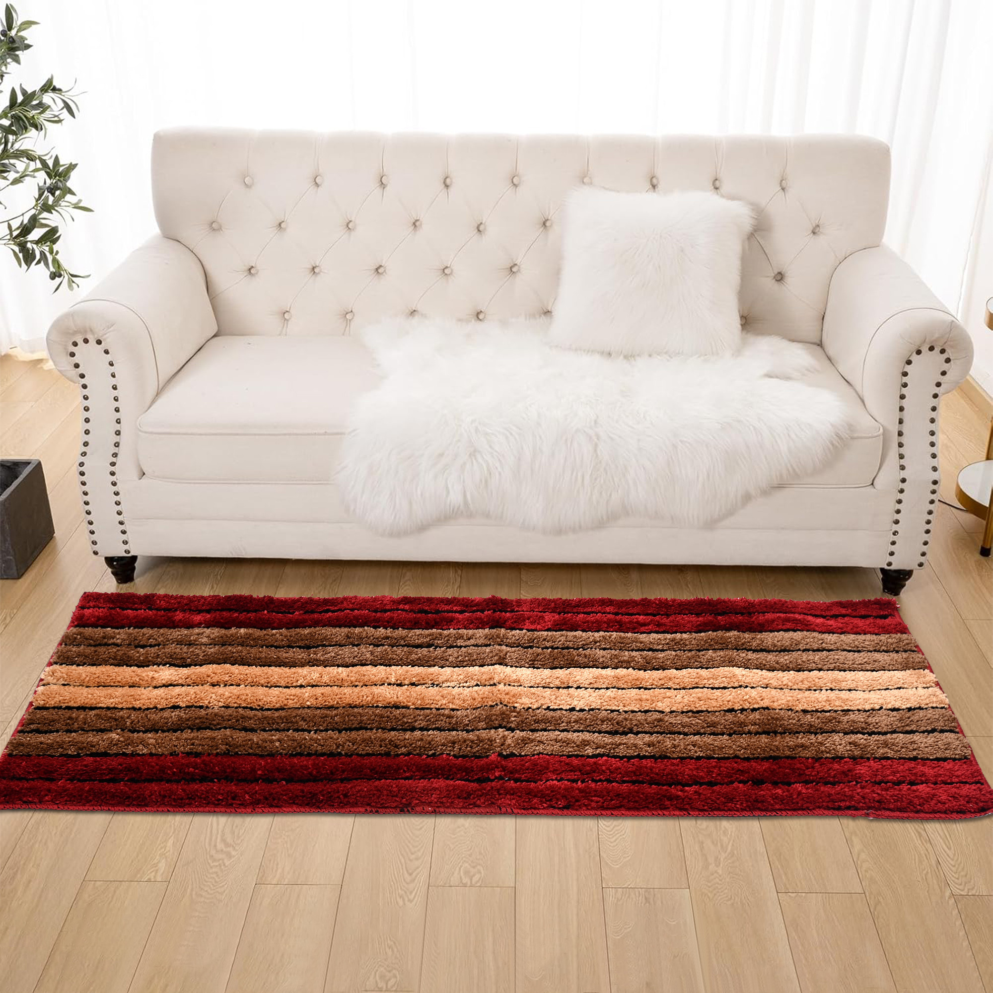 Kuber Industries 2x4 Feet Anti Skid Runner for Bedroom  Living Room  Durable Bedside Carpet  Kitchen Runner for Floor  Foldable Rugs  Mat for Home  Stripes - Red  Brown