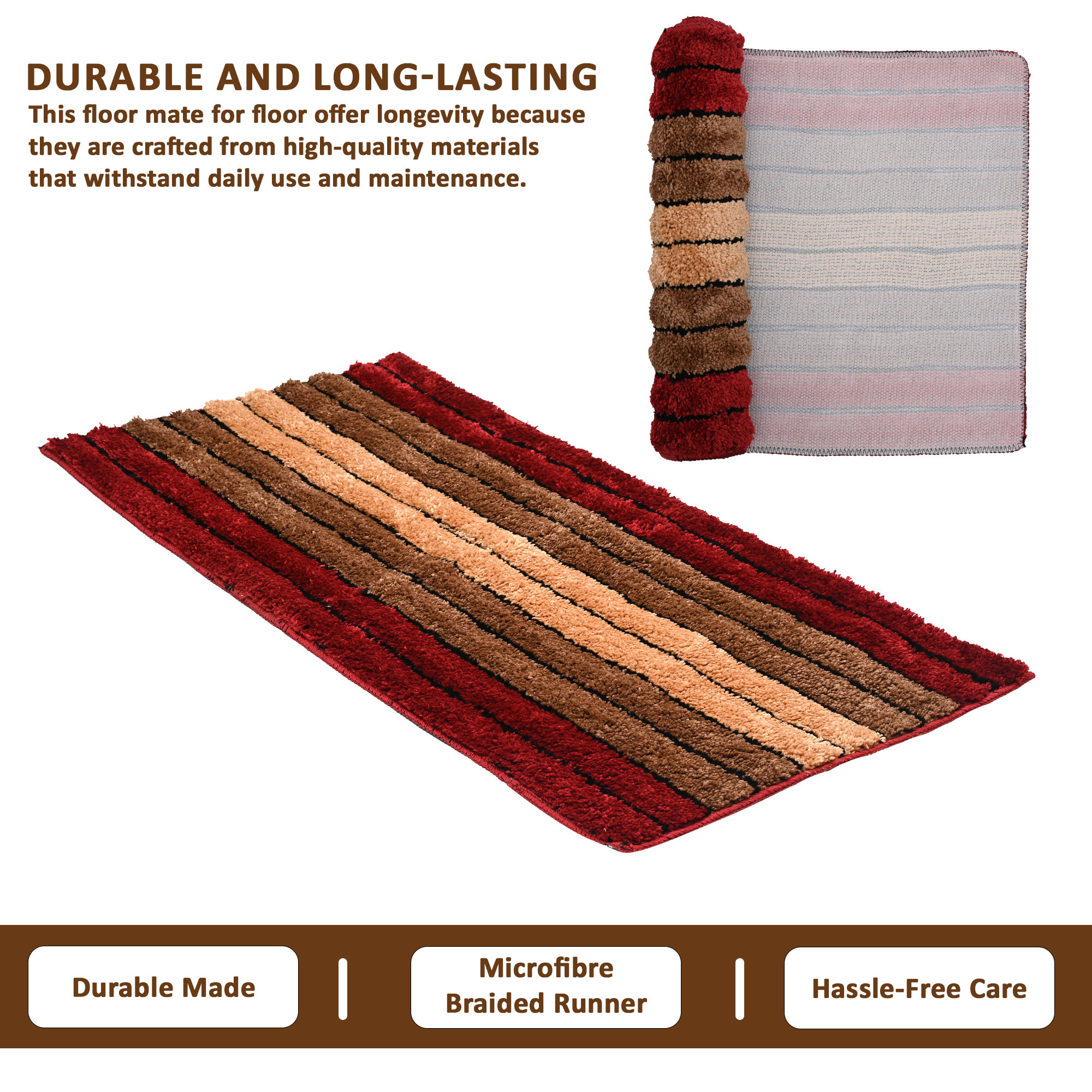 Kuber Industries 2x4 Feet Anti Skid Runner for Bedroom  Living Room  Durable Bedside Carpet  Kitchen Runner for Floor  Foldable Rugs  Mat for Home  Stripes - Red  Brown