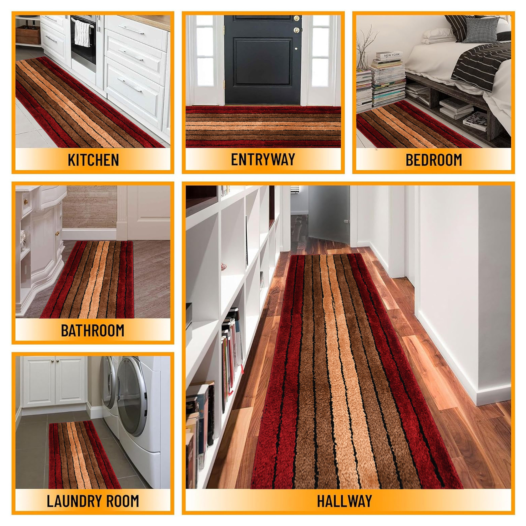 Kuber Industries 2x4 Feet Anti Skid Runner for Bedroom  Living Room  Durable Bedside Carpet  Kitchen Runner for Floor  Foldable Rugs  Mat for Home  Stripes - Red  Brown