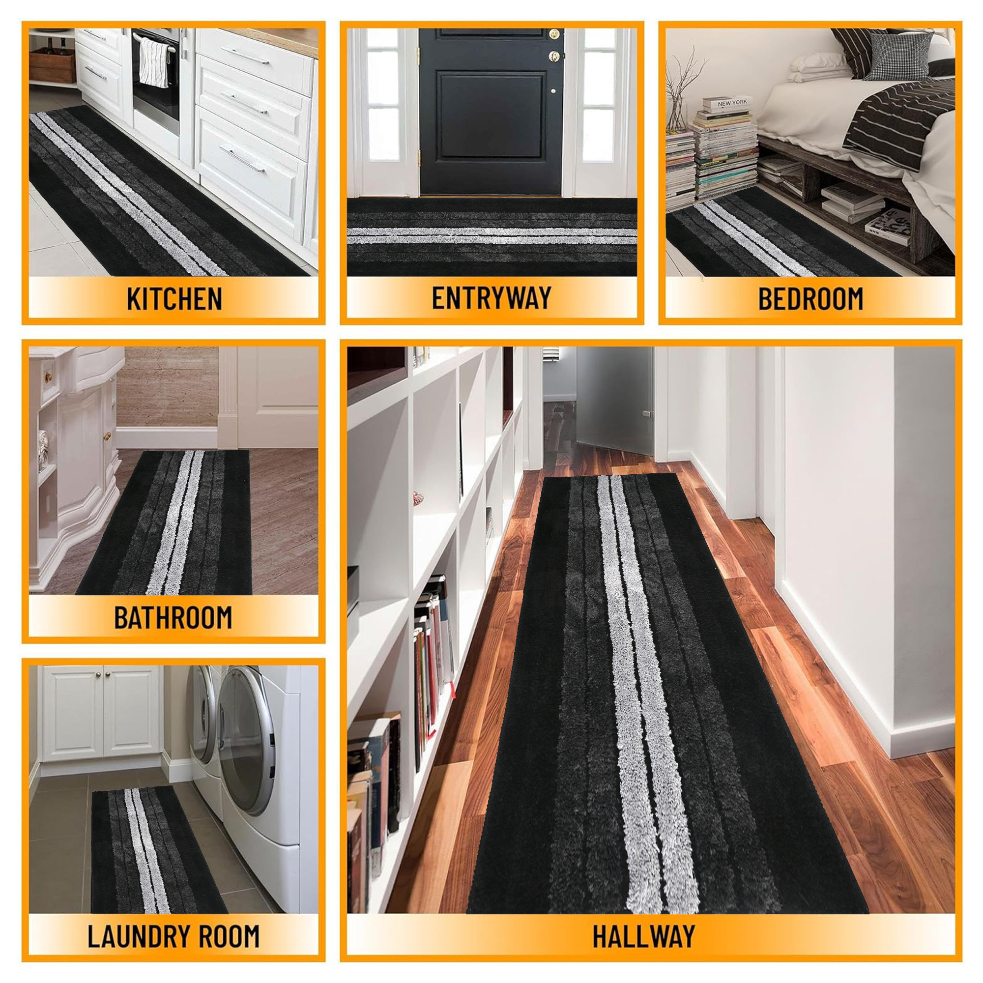 Kuber Industries 2x4 Feet Anti Skid Runner for Bedroom  Living Room  Durable Bedside Carpet  Kitchen Runner for Floor  Foldable Rugs  Mat for Home  Stripes - Grey  Black