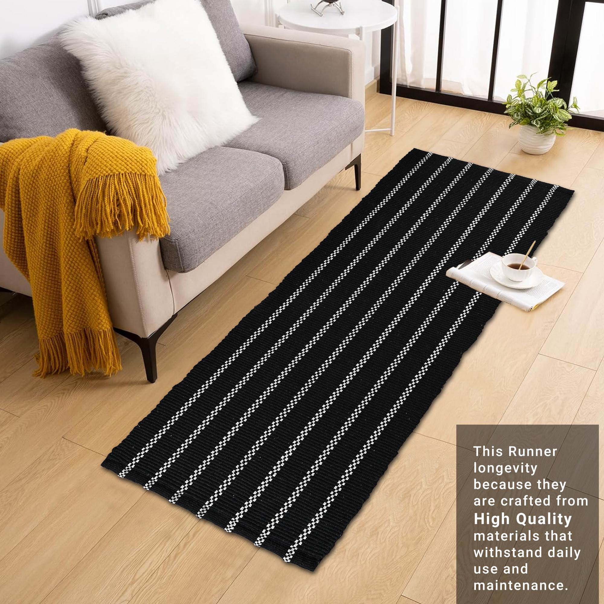 Kuber Industries 2x4 Feet Bed Runner for Double Bed  Living Room  Durable Bedside Runner for Bedroom Foldable Rug  Mat for Home  Silver Lining Print - Black