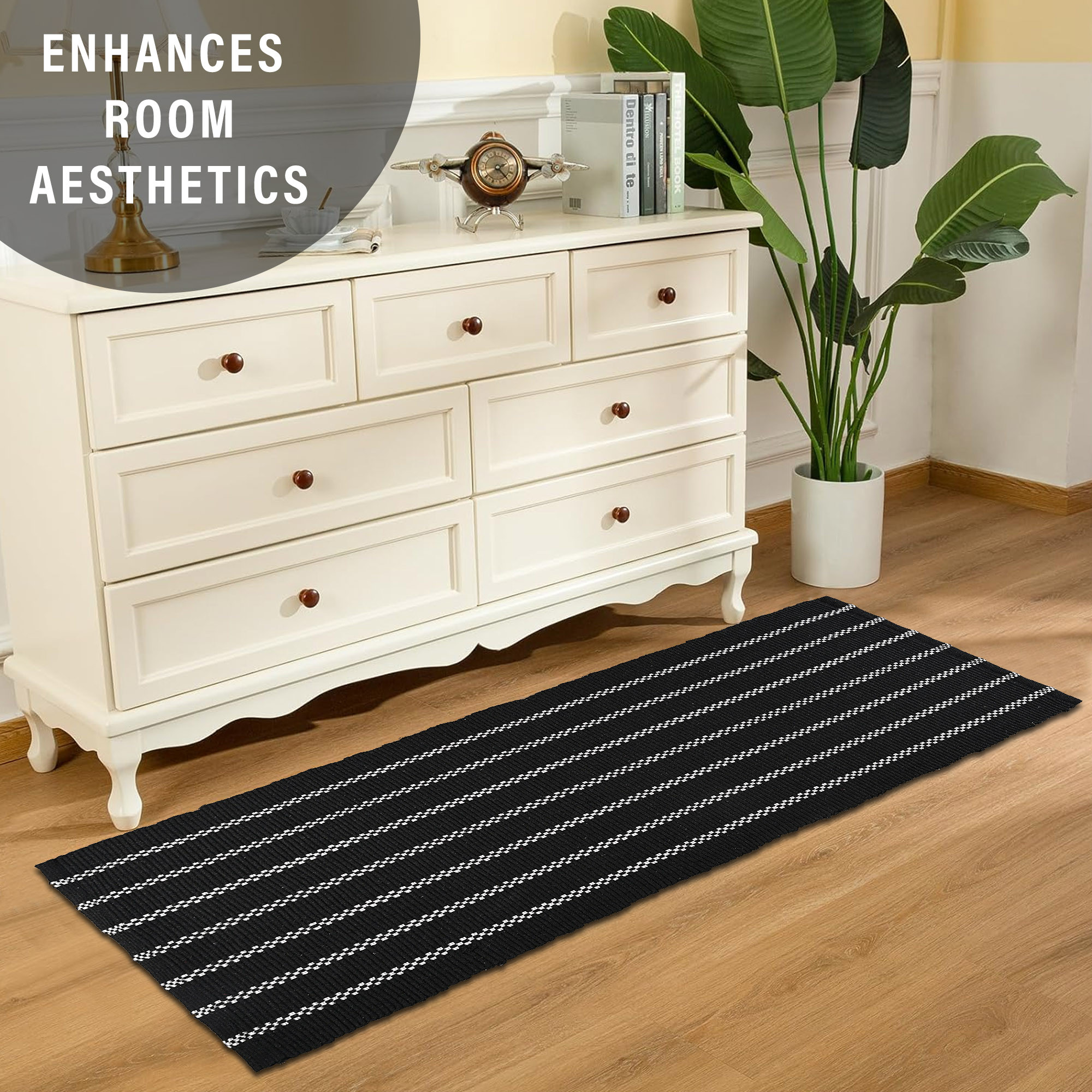 Kuber Industries 2x4 Feet Bed Runner for Double Bed  Living Room  Durable Bedside Runner for Bedroom Foldable Rug  Mat for Home  Silver Lining Print - Black