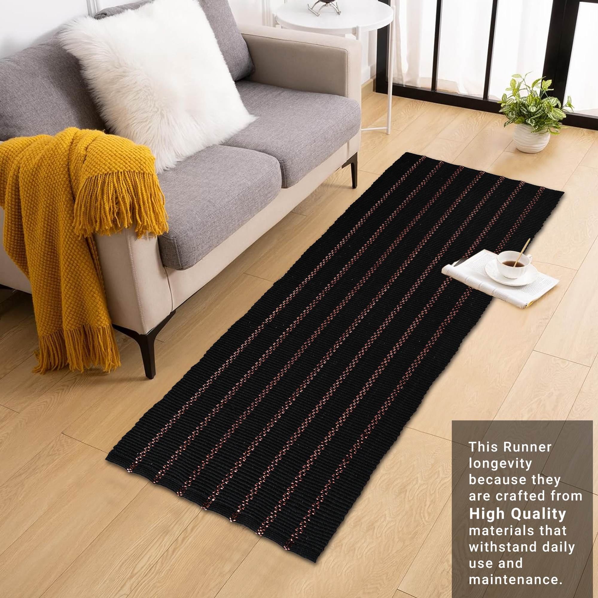 Kuber Industries 2x4 Feet Bed Runner for Double Bed  Living Room  Durable Bedside Runner for Bedroom Foldable Rug  Mat for Home  Brown Lining Print - Black