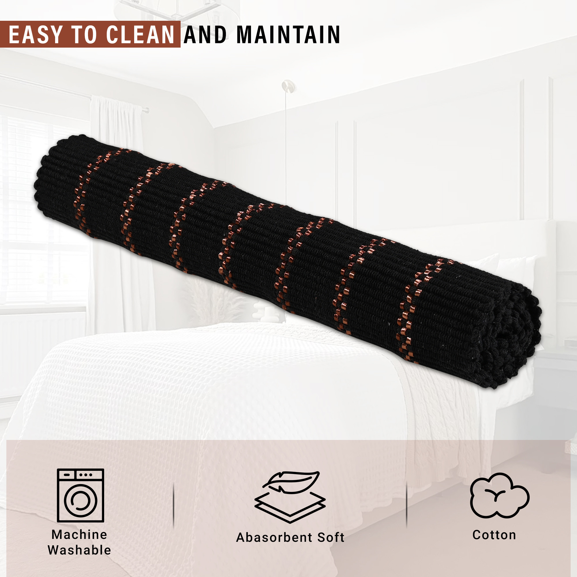Kuber Industries 2x4 Feet Bed Runner for Double Bed  Living Room  Durable Bedside Runner for Bedroom Foldable Rug  Mat for Home  Brown Lining Print - Black