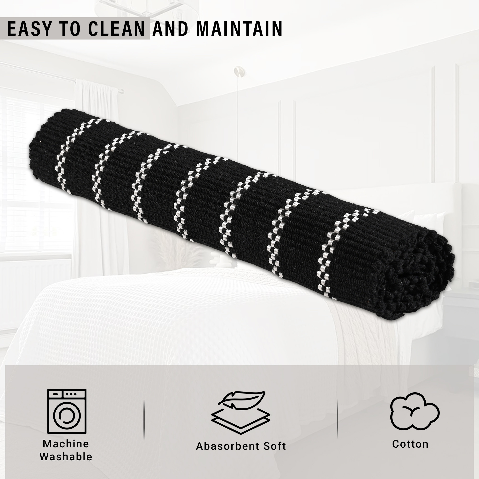 Kuber Industries 2x4 Feet Bed Runner for Double Bed  Living Room  Durable Bedside Runner for Bedroom Foldable Rug  Mat for Home  Silver Lining Print - Black