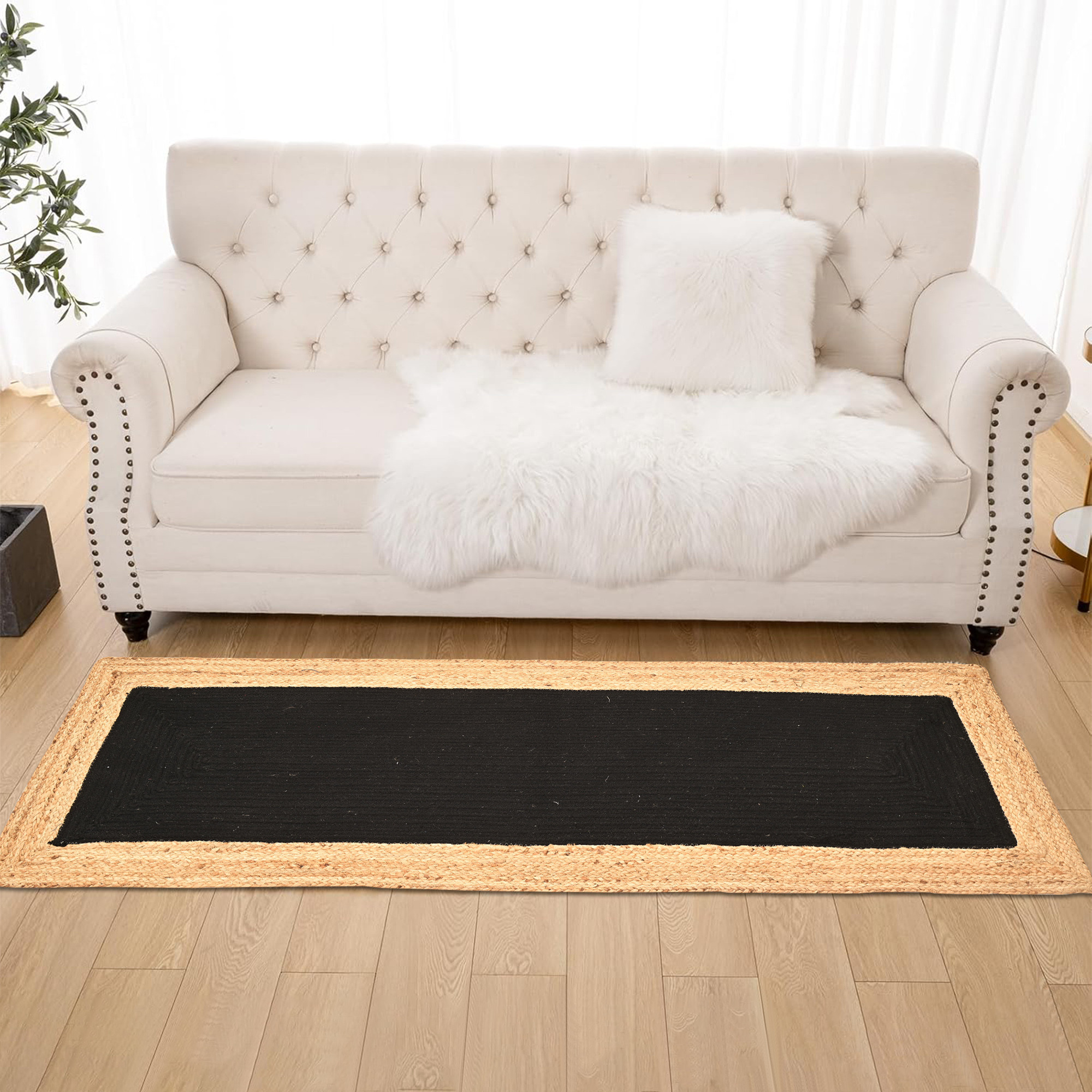 Kuber Industries 2x6 Feet Anti-Skid Jute Bed Side Runner for Bedroom  Gentle  Soft Rugs for Living Area  Long Kitchen Runner for Floor  Border - Black  Beige