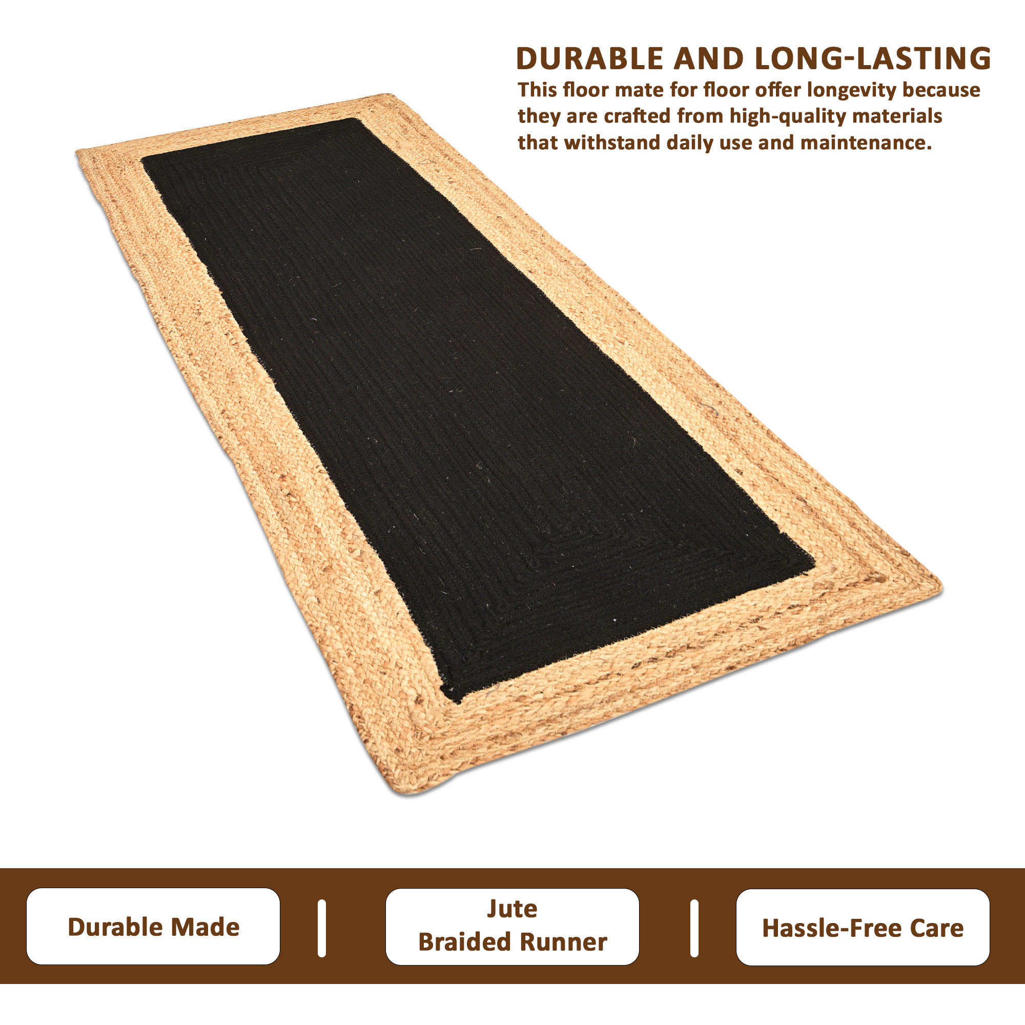 Kuber Industries 2x6 Feet Anti-Skid Jute Bed Side Runner for Bedroom  Gentle  Soft Rugs for Living Area  Long Kitchen Runner for Floor  Border - Black  Beige