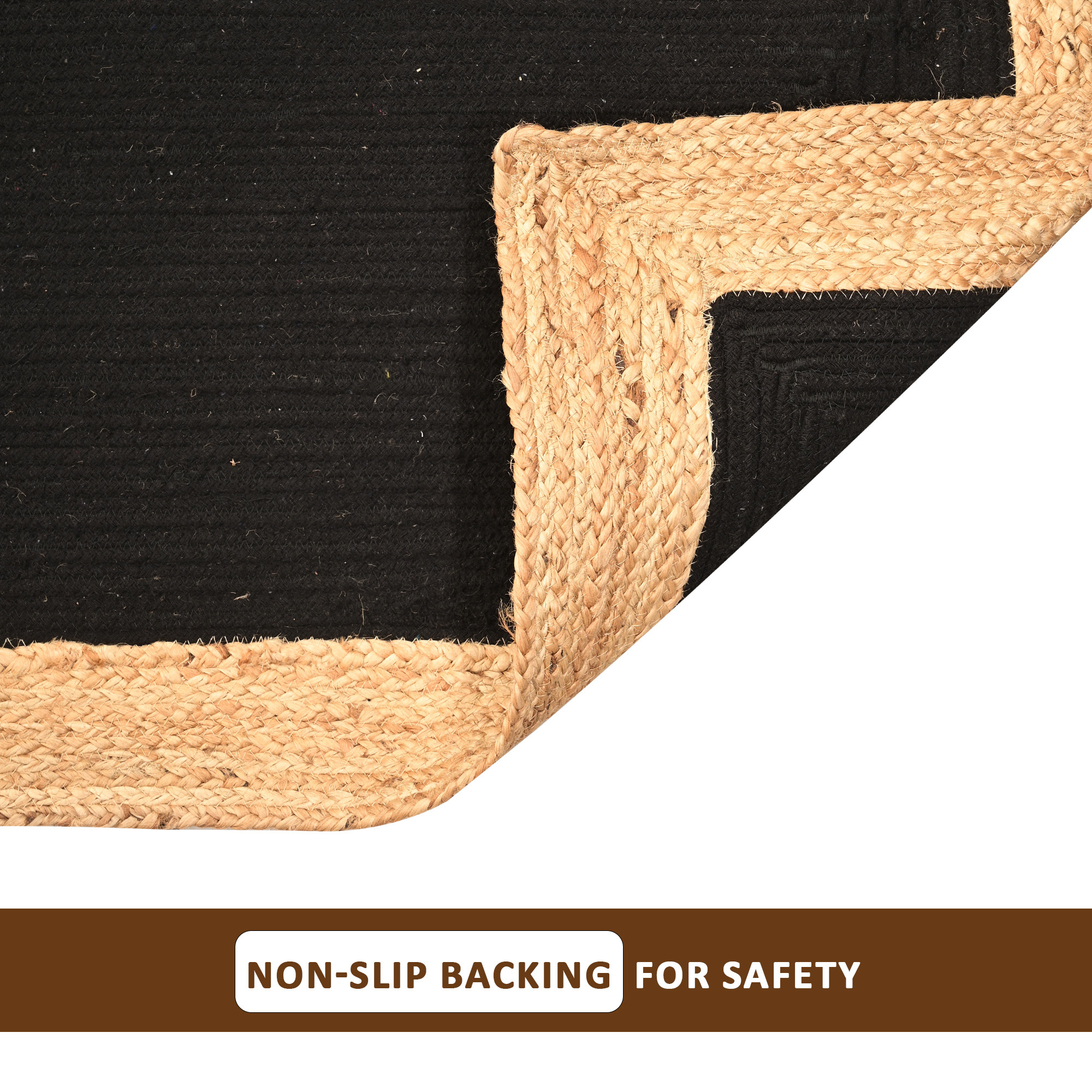 Kuber Industries 2x6 Feet Anti-Skid Jute Bed Side Runner for Bedroom  Gentle  Soft Rugs for Living Area  Long Kitchen Runner for Floor  Border - Black  Beige