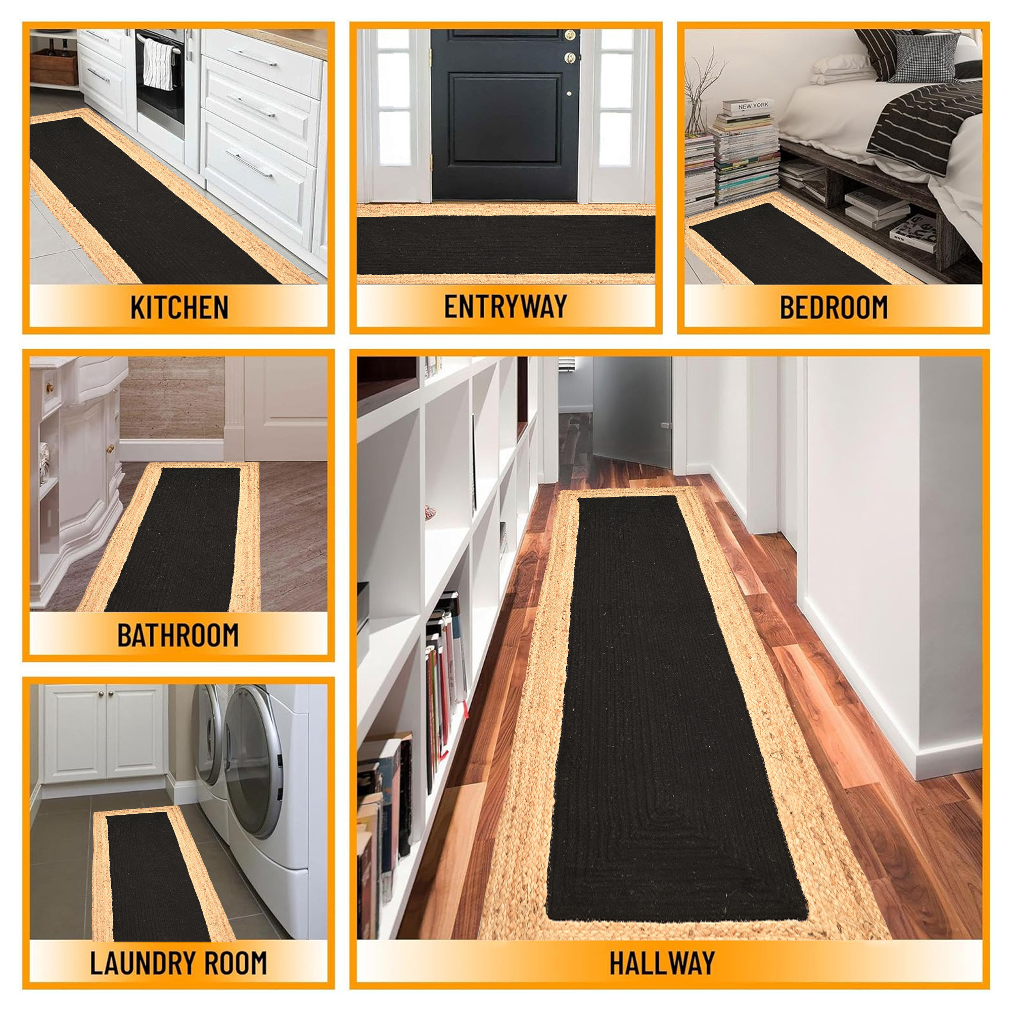 Kuber Industries 2x6 Feet Anti-Skid Jute Bed Side Runner for Bedroom  Gentle  Soft Rugs for Living Area  Long Kitchen Runner for Floor  Border - Black  Beige