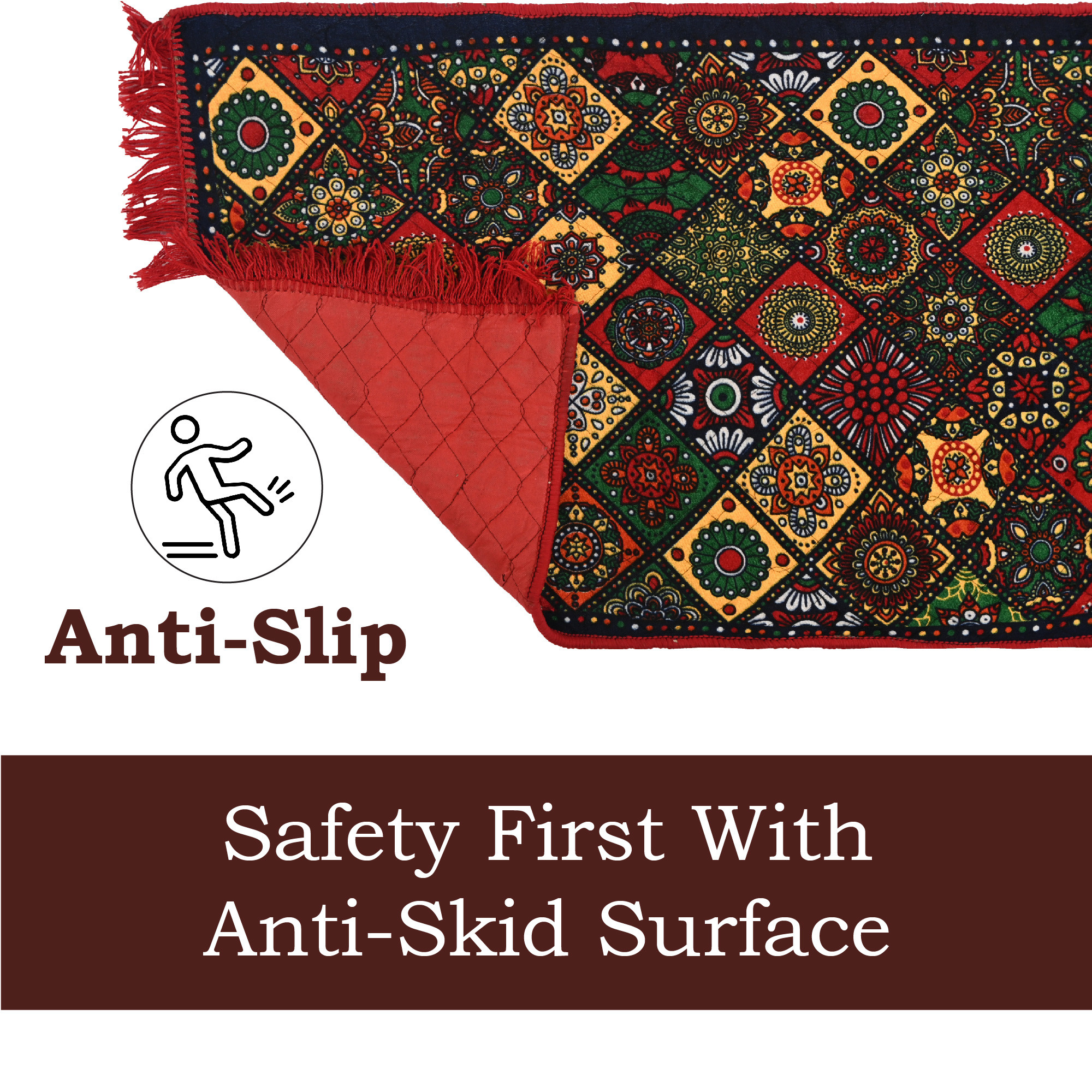 Kuber Industries 2x6 Feet Shaneel Bed Side Runner For Kitchen  Easy To Clean  Multipurpose Runner For Home Bedroom  Living Room  Rangoli Print - Red