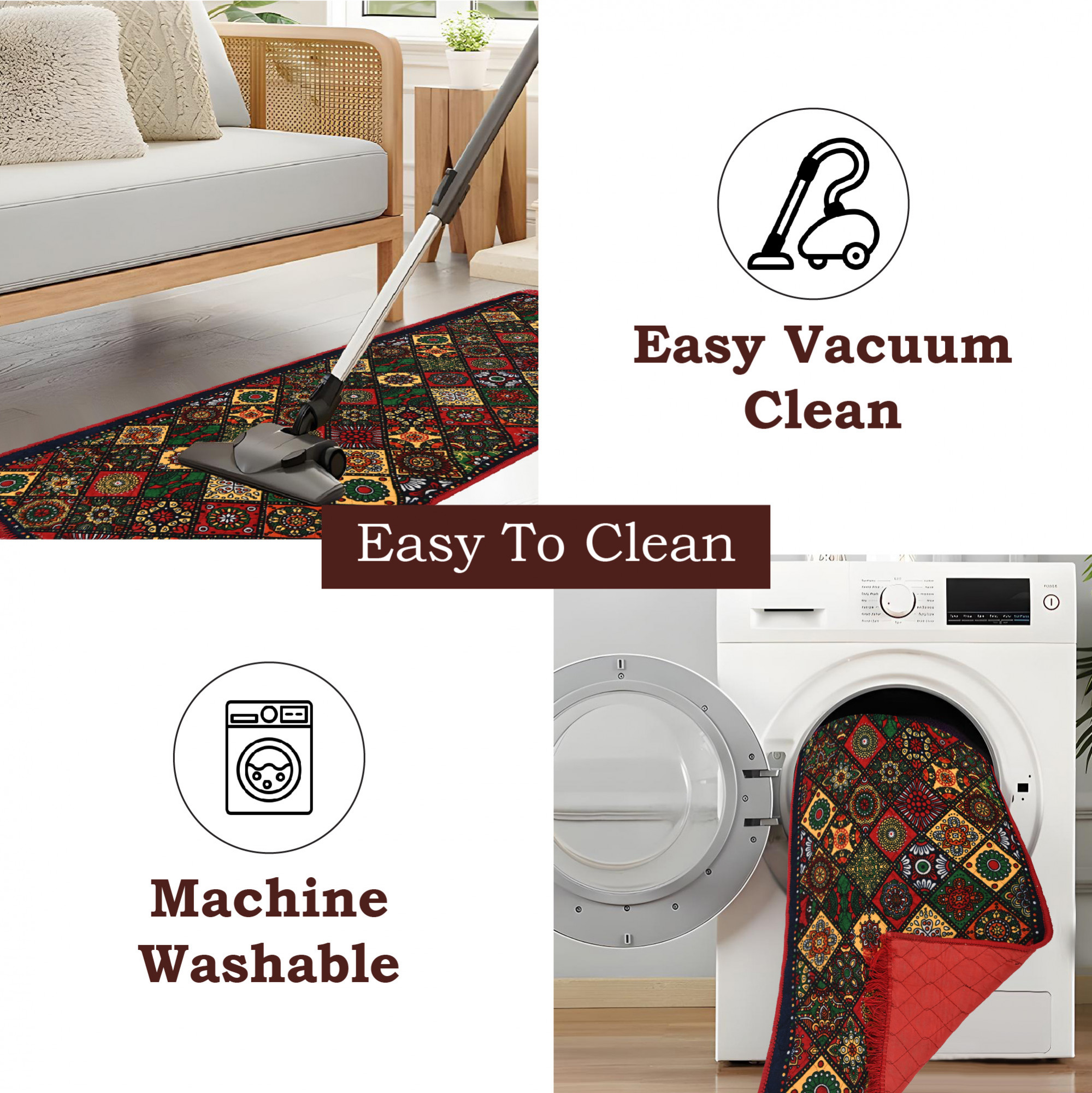 Kuber Industries 2x6 Feet Shaneel Bed Side Runner For Kitchen  Easy To Clean  Multipurpose Runner For Home Bedroom  Living Room  Rangoli Print - Red