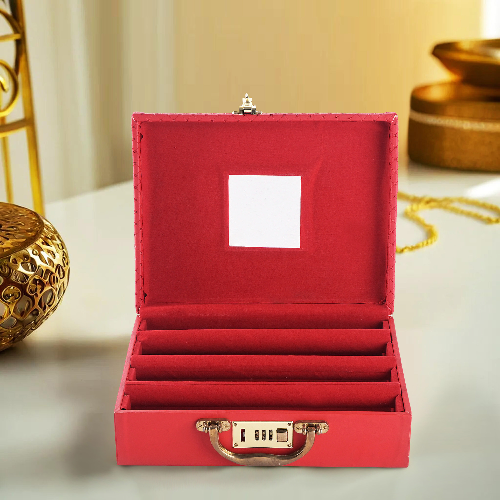 Kuber Industries 3 - Rod Removable Bangles Organisers Storage Box with Number Lock  Wedding Jewellery Organizer Case with Handle  Bangle Box for Women with Mirror  check Design - Red