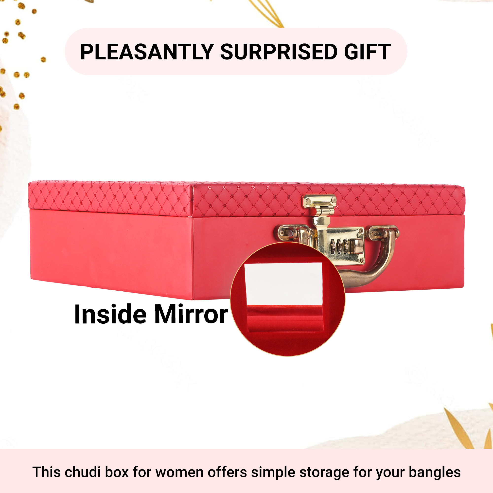 Kuber Industries 3 - Rod Removable Bangles Organisers Storage Box with Number Lock  Wedding Jewellery Organizer Case with Handle  Bangle Box for Women with Mirror  check Design - Red