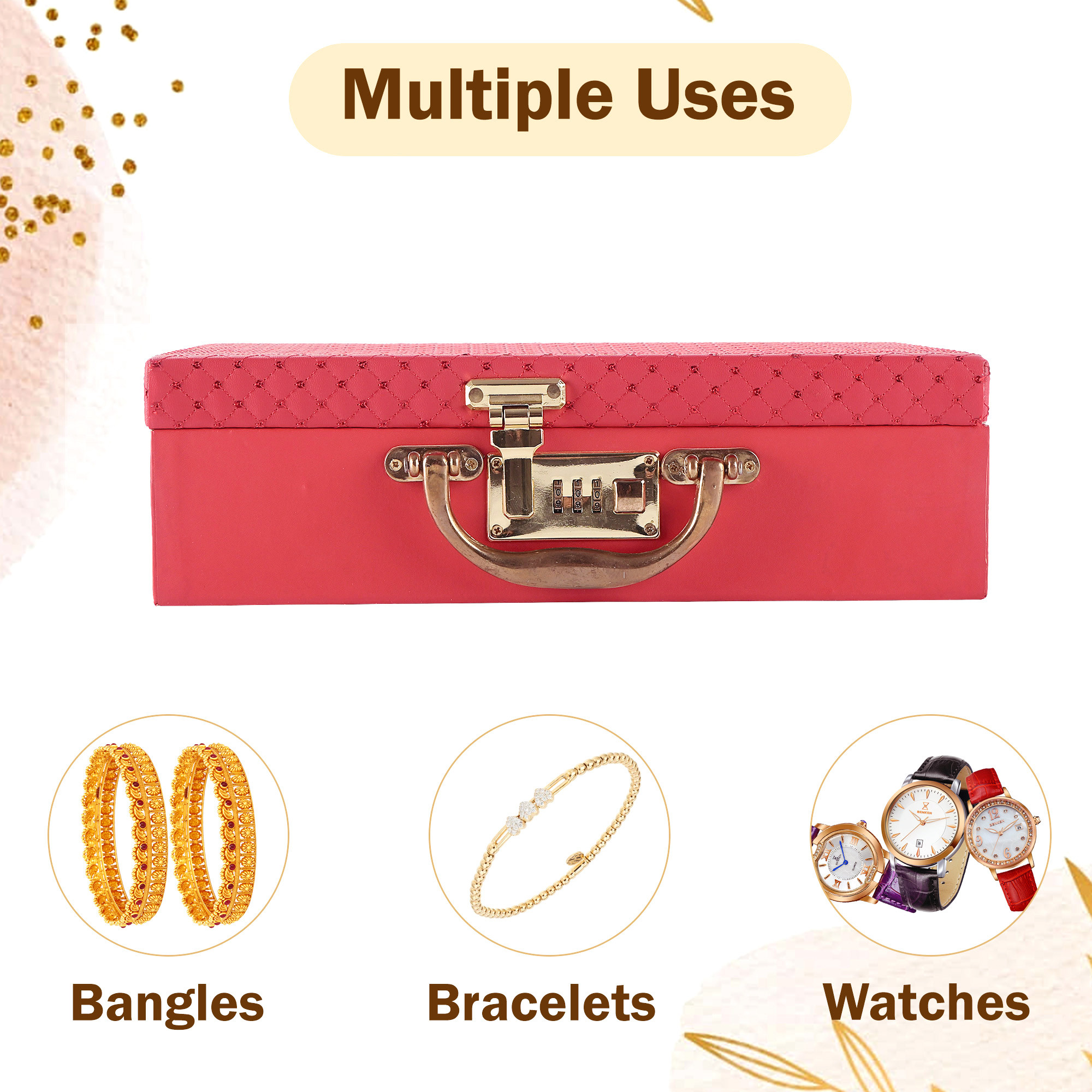 Kuber Industries 3 - Rod Removable Bangles Organisers Storage Box with Number Lock  Wedding Jewellery Organizer Case with Handle  Bangle Box for Women with Mirror  check Design - Red