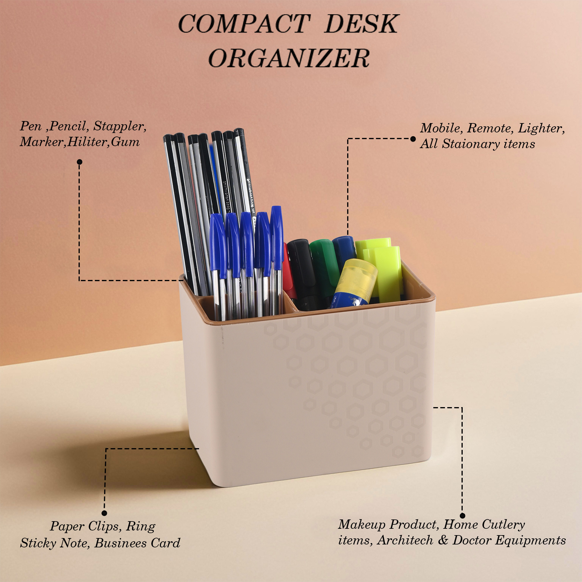 Kuber Industries 3-Compartment Pen Holder For Study Table  MarkerPencil Stand  Desk Organizer for Student  Office Table Accessory for Stationary Item  Sandy Brown