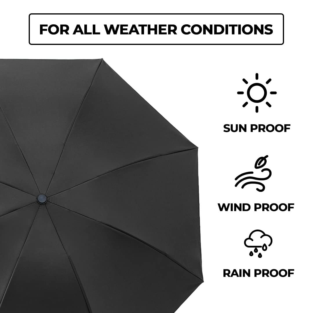 Kuber Industries 3 Fold Manual Umbrella | Windproof, Sunproof & Rainproof | With Polyester Canopy, Sturdy Steel Shaft & Wrist Straps | Easy to Hold & Carry | Umbrella for Women, Men & Kids | Black