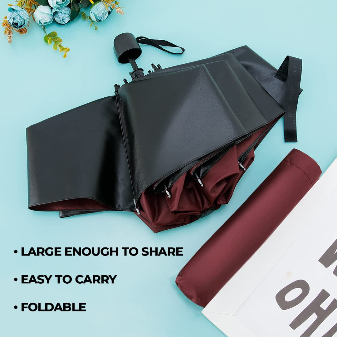 Kuber Industries 3 Fold Manual Umbrella | Windproof, Sunproof & Rainproof | With Polyester Canopy, Sturdy Steel Shaft & Wrist Straps | Easy to Hold & Carry | Umbrella for Women, Men & Kids | Red