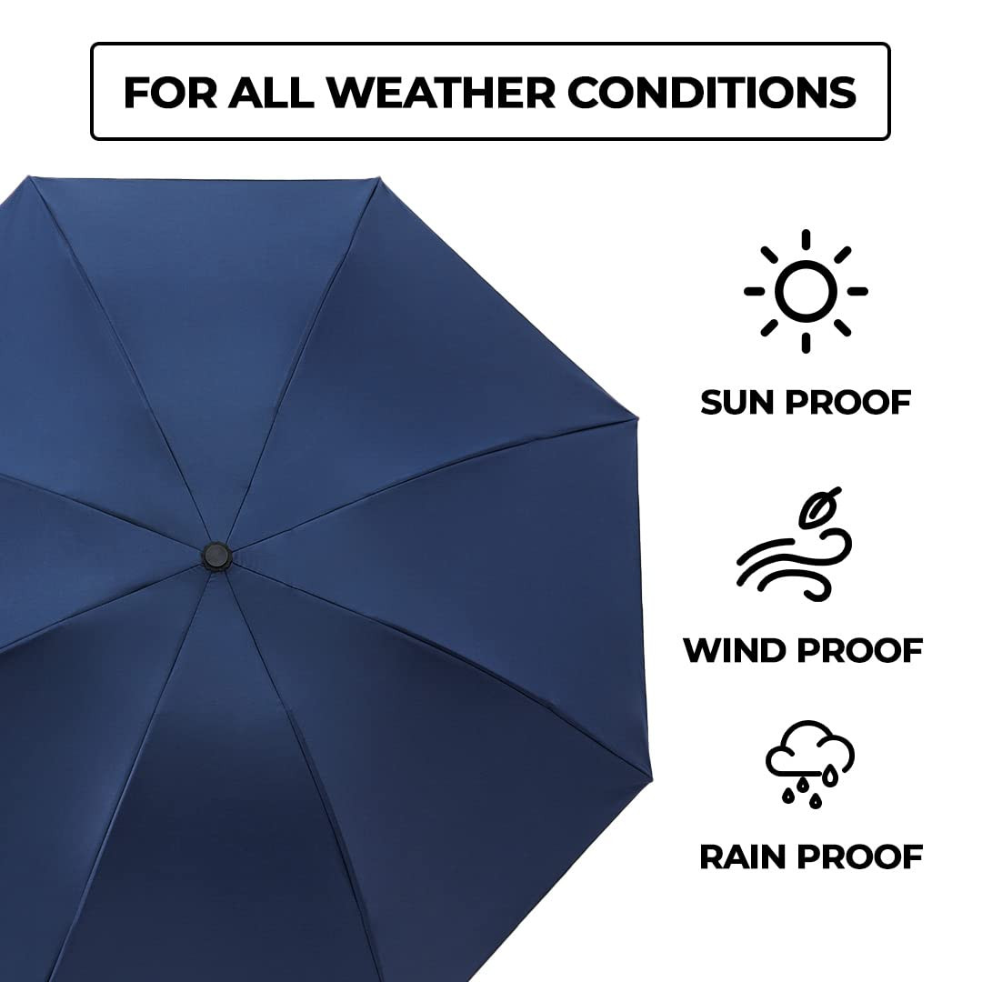 Kuber Industries 3 Fold Manual Umbrella | Windproof, Sunproof & Rainproof | With Polyester Canopy, Sturdy Steel Shaft & Wrist Straps | Easy to Hold & Carry | Umbrella for Women, Men & Kids | Blue