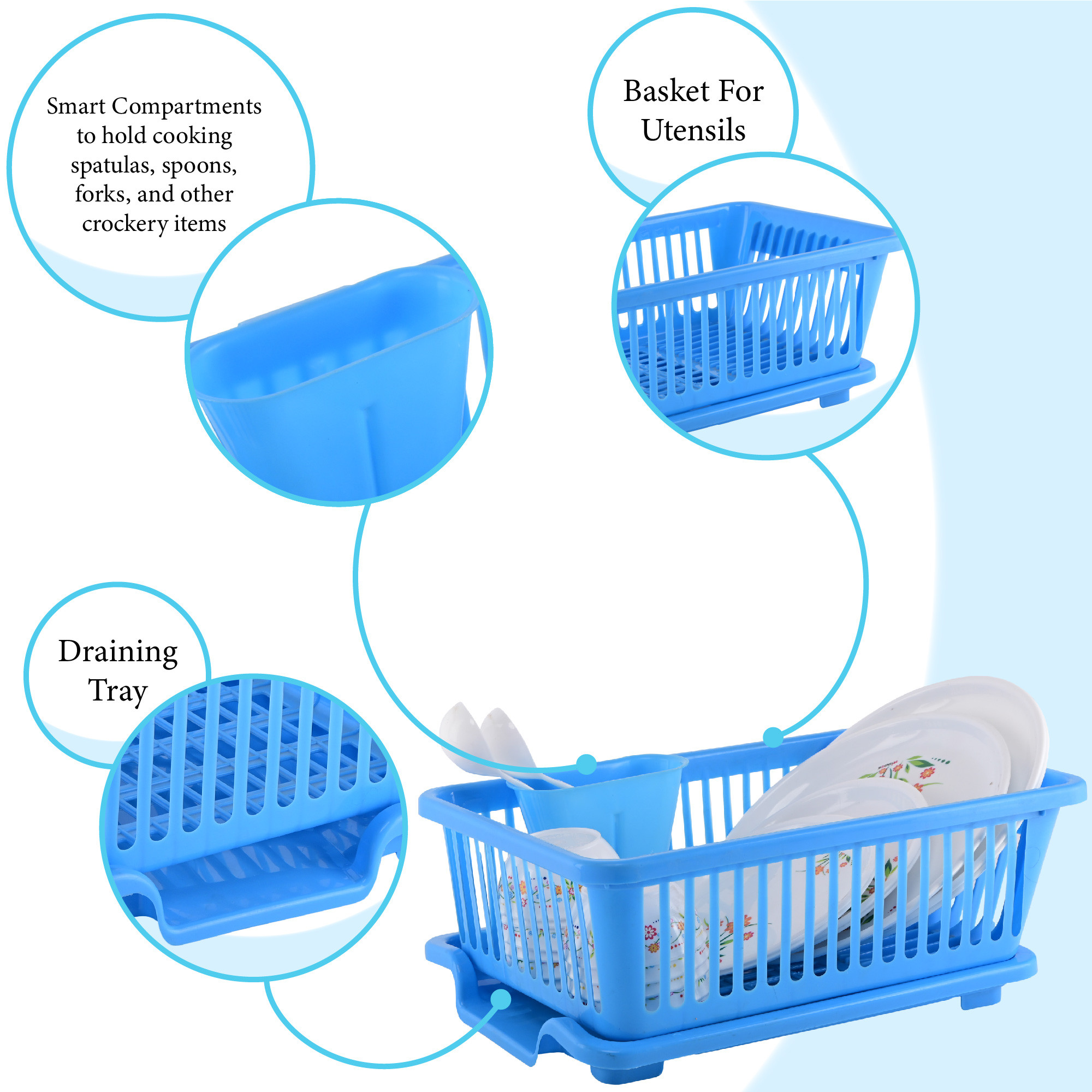 Kuber Industries 3-in-1 Durable Plastic Dish Drainer Basket for Kitchen with Water Draining Tray Spoon  Plate Racks  Space Saving Bartan  Utensils Basket Drainer for Kitchen  Cyan