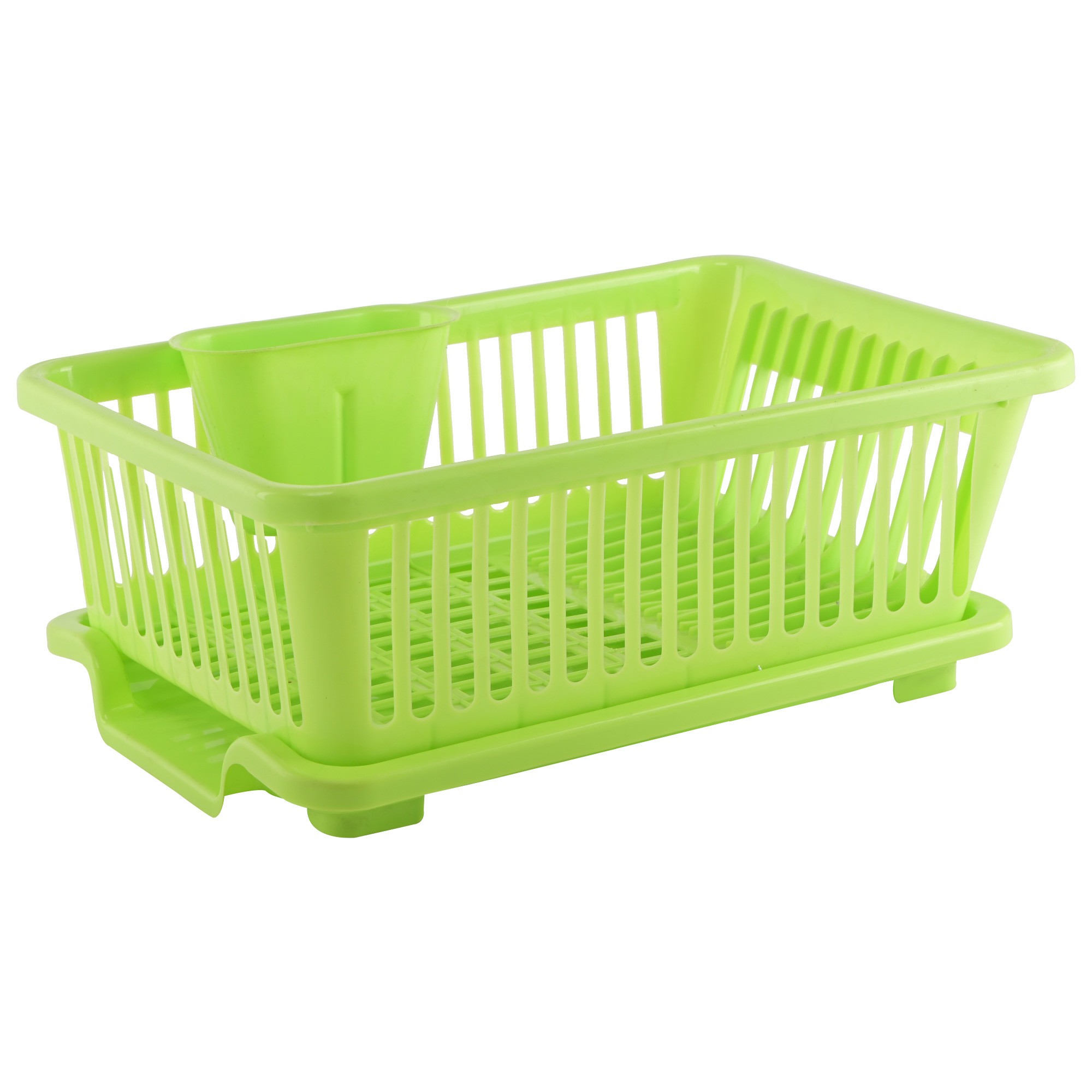 Kuber Industries 3-in-1 Durable Plastic Dish Drainer Basket for Kitchen with Water Draining Tray Spoon  Plate Racks  Space-Saving Utensils Basket Drainer for Kitchen  Light Green
