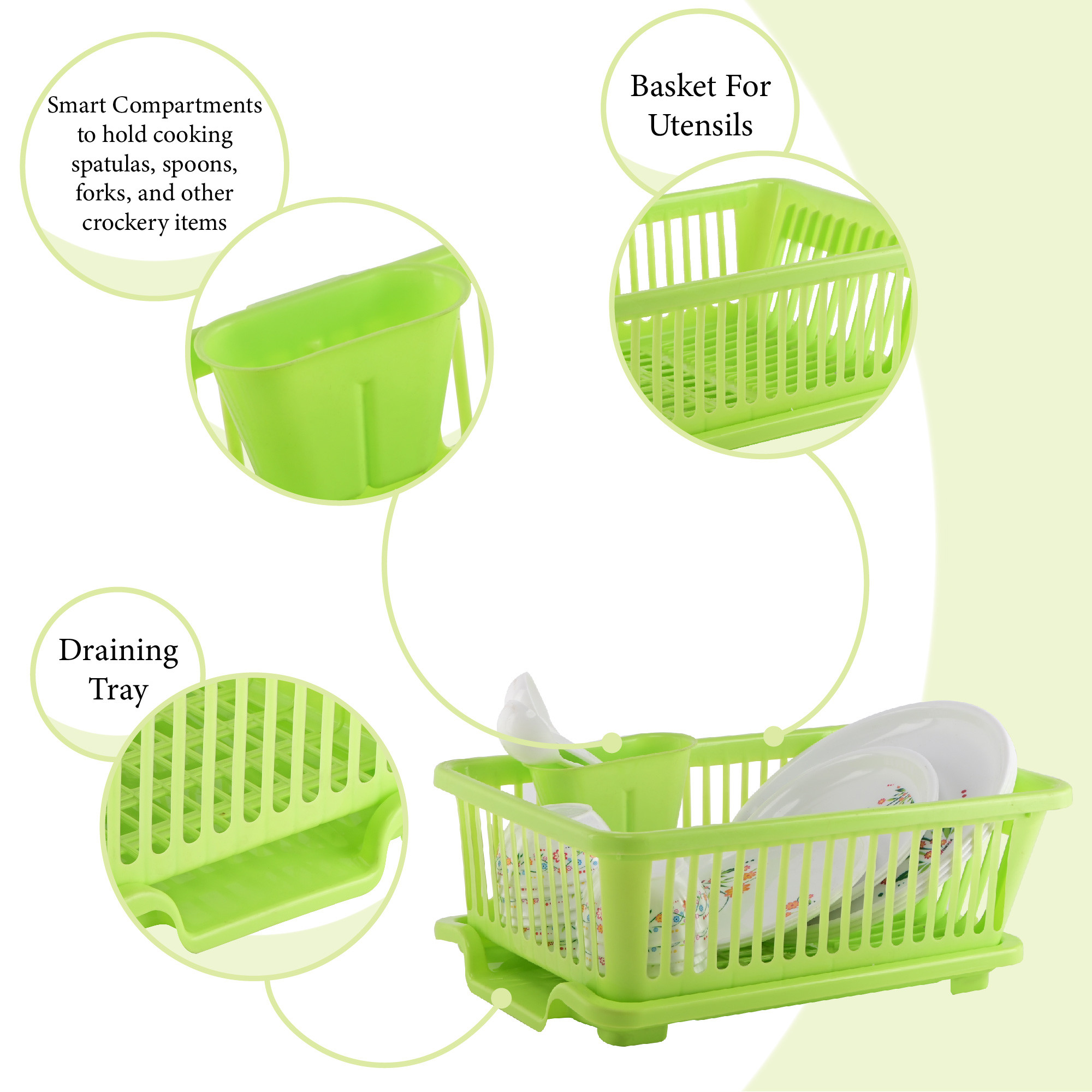 Kuber Industries 3-in-1 Durable Plastic Dish Drainer Basket for Kitchen with Water Draining Tray Spoon  Plate Racks  Space-Saving Utensils Basket Drainer for Kitchen  Light Green