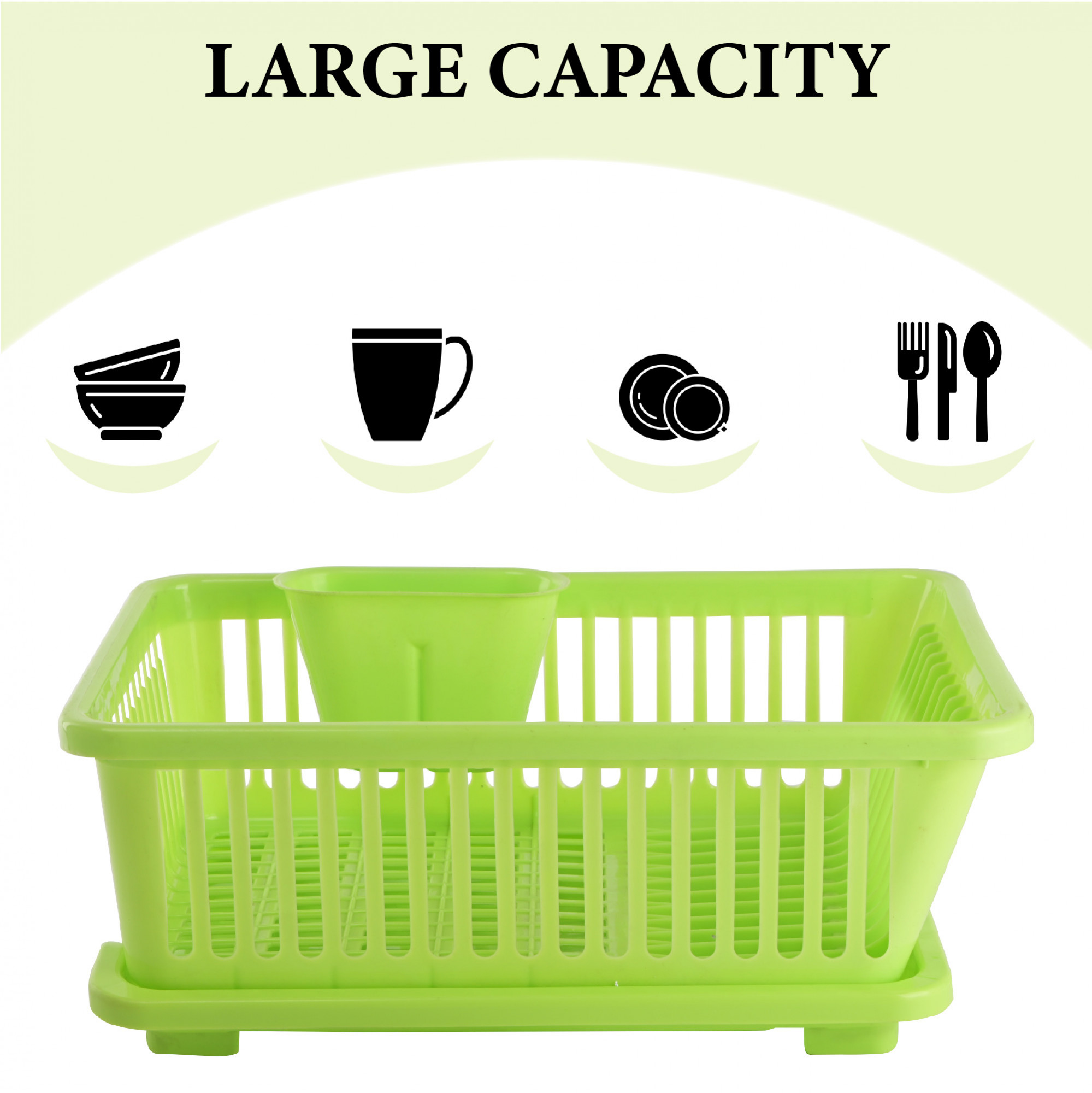 Kuber Industries 3-in-1 Durable Plastic Dish Drainer Basket for Kitchen with Water Draining Tray Spoon  Plate Racks  Space-Saving Utensils Basket Drainer for Kitchen  Light Green