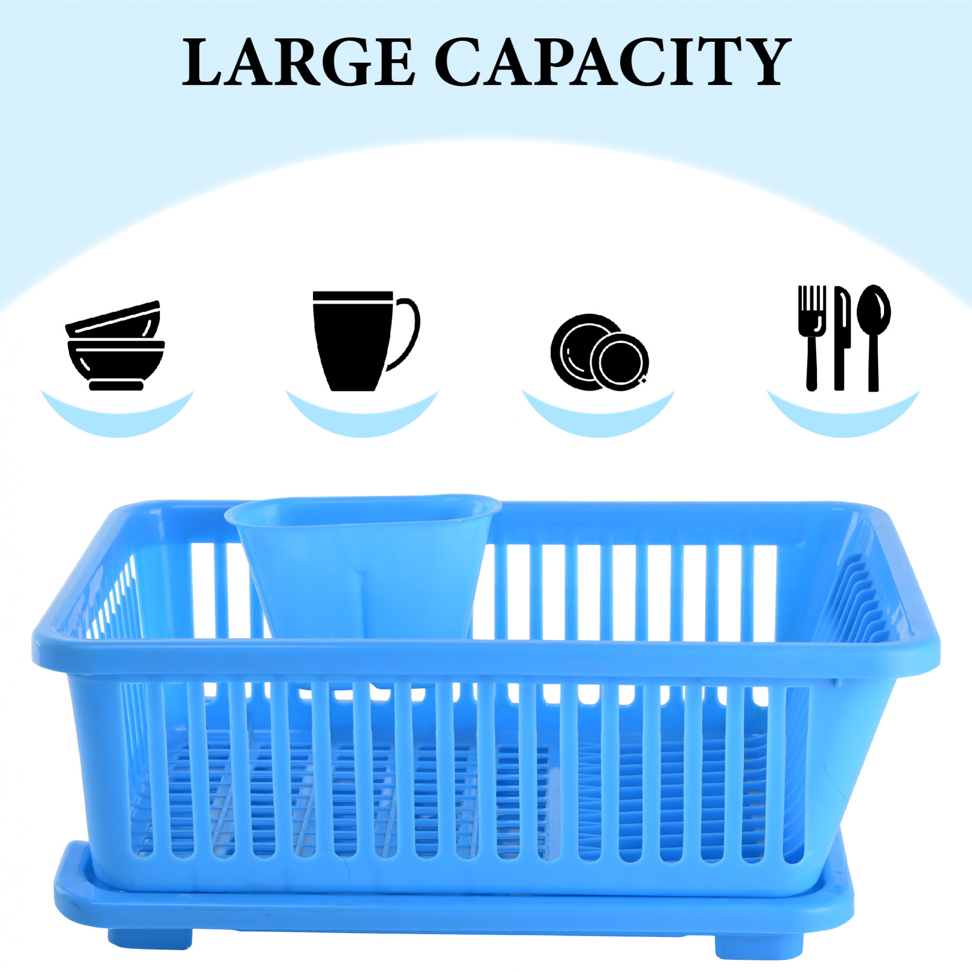 Kuber Industries 3-in-1 Durable Plastic Dish Drainer Basket for Kitchen with Water Draining Tray Spoon  Plate Racks  Space Saving Bartan  Utensils Basket Drainer for Kitchen  Cyan
