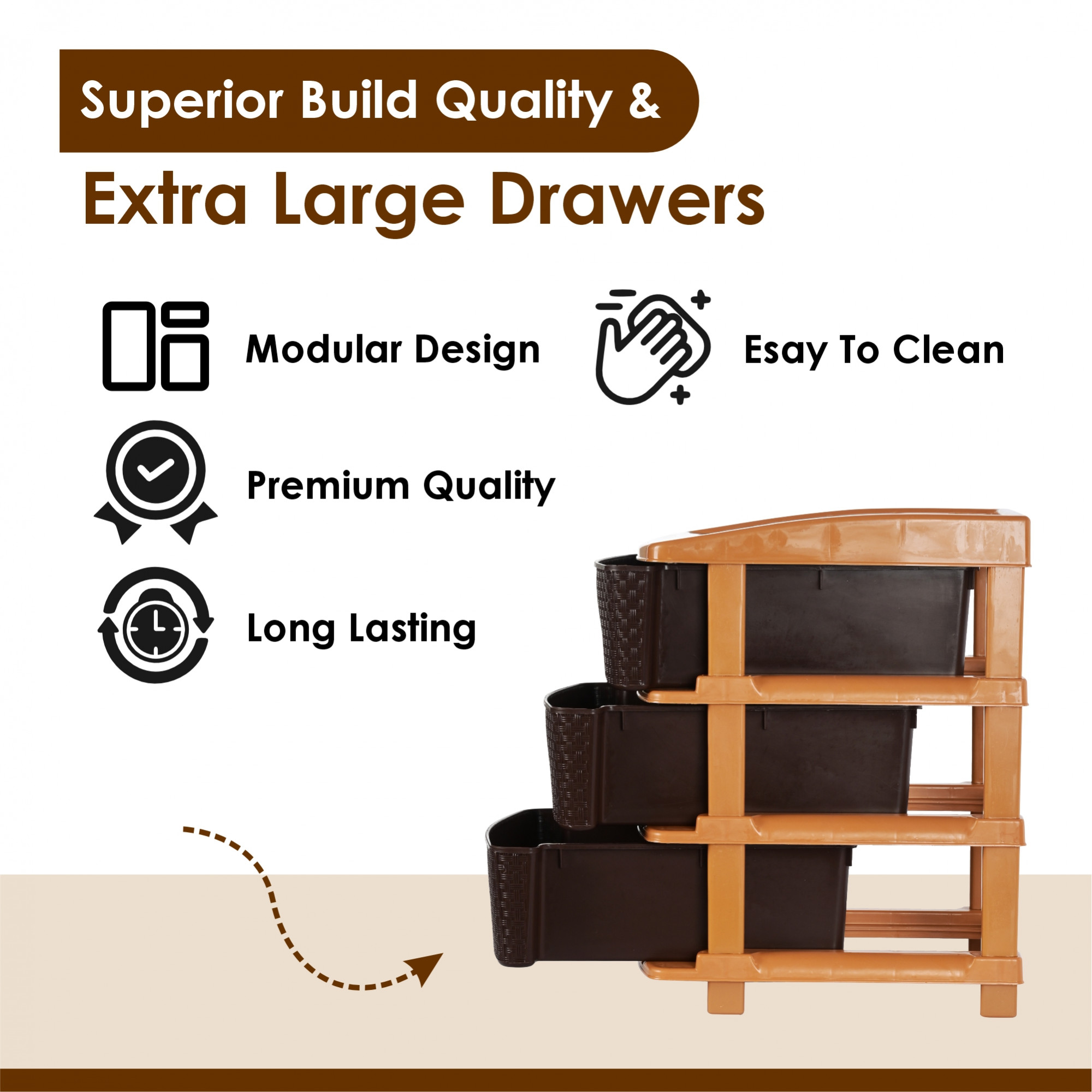 Kuber Industries 3-Layer  53 Ltr Plastic Drawer Storage Organiser  Modular Kitchen  Toy Organizer For Kids Room  Chocolate Brown