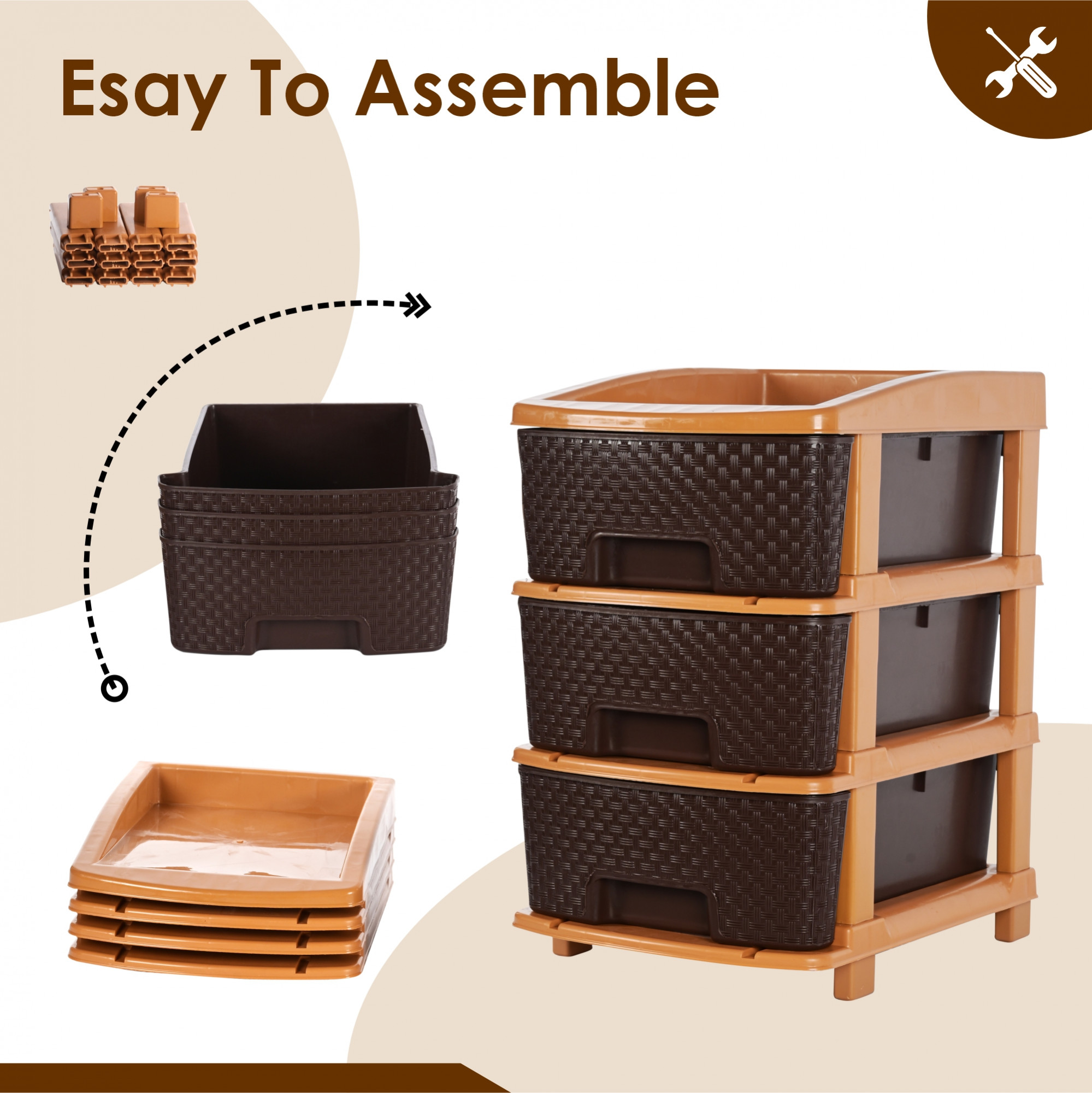 Kuber Industries 3-Layer  53 Ltr Plastic Drawer Storage Organiser  Modular Kitchen  Toy Organizer For Kids Room  Chocolate Brown