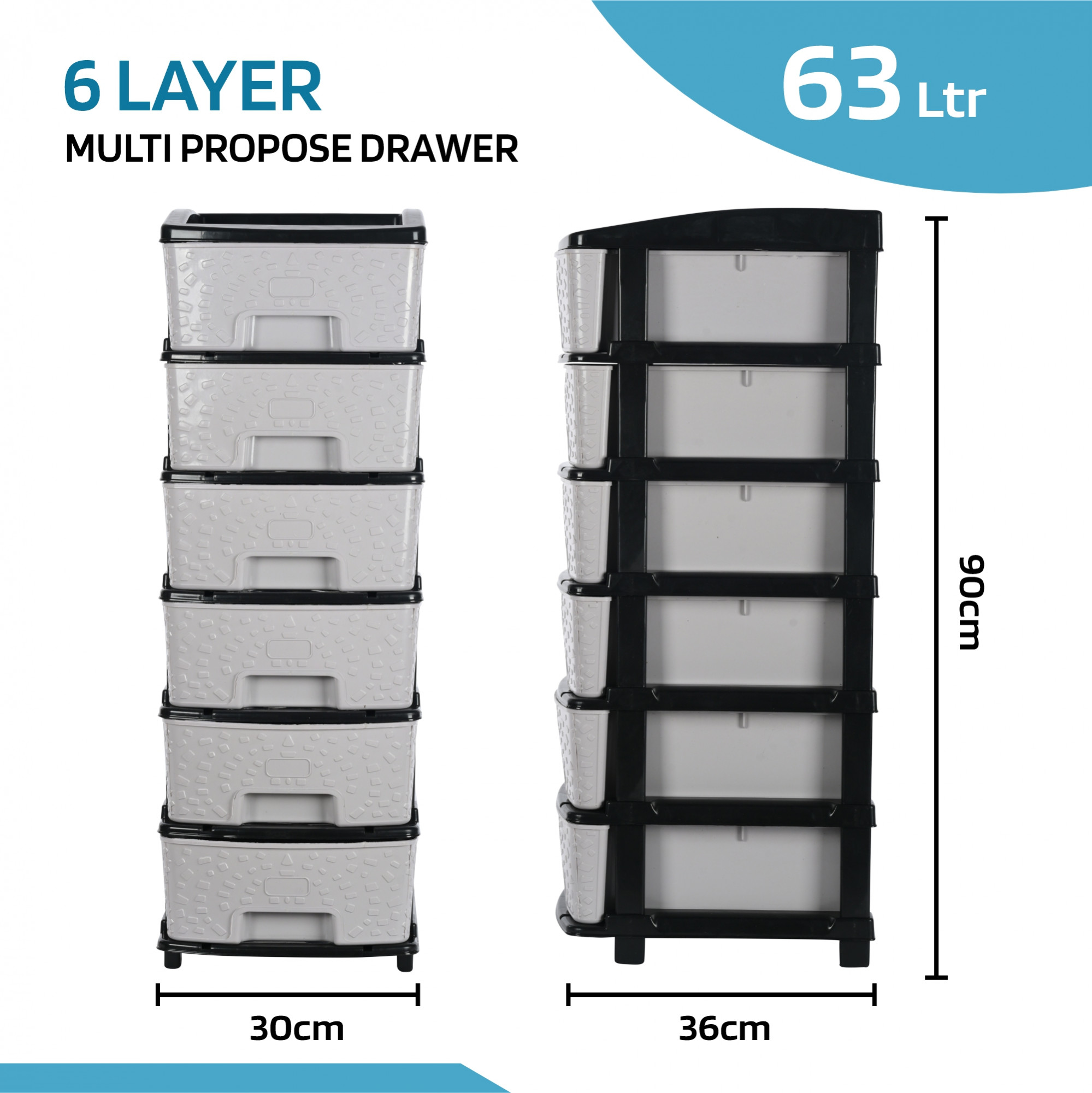 Kuber Industries 3-Layer  53 Ltr Plastic Drawer Storage Organiser  Modular Kitchen  Toy Organizer For Kids Room  Black  Grey