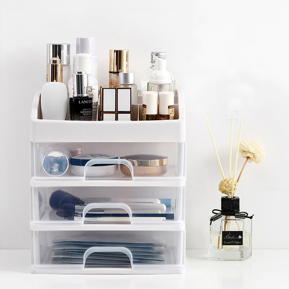 Kuber Industries 3 Layer Cabinet Drawer Box|Desktop Storage Box|Multi Drawer Storage Organizer| White