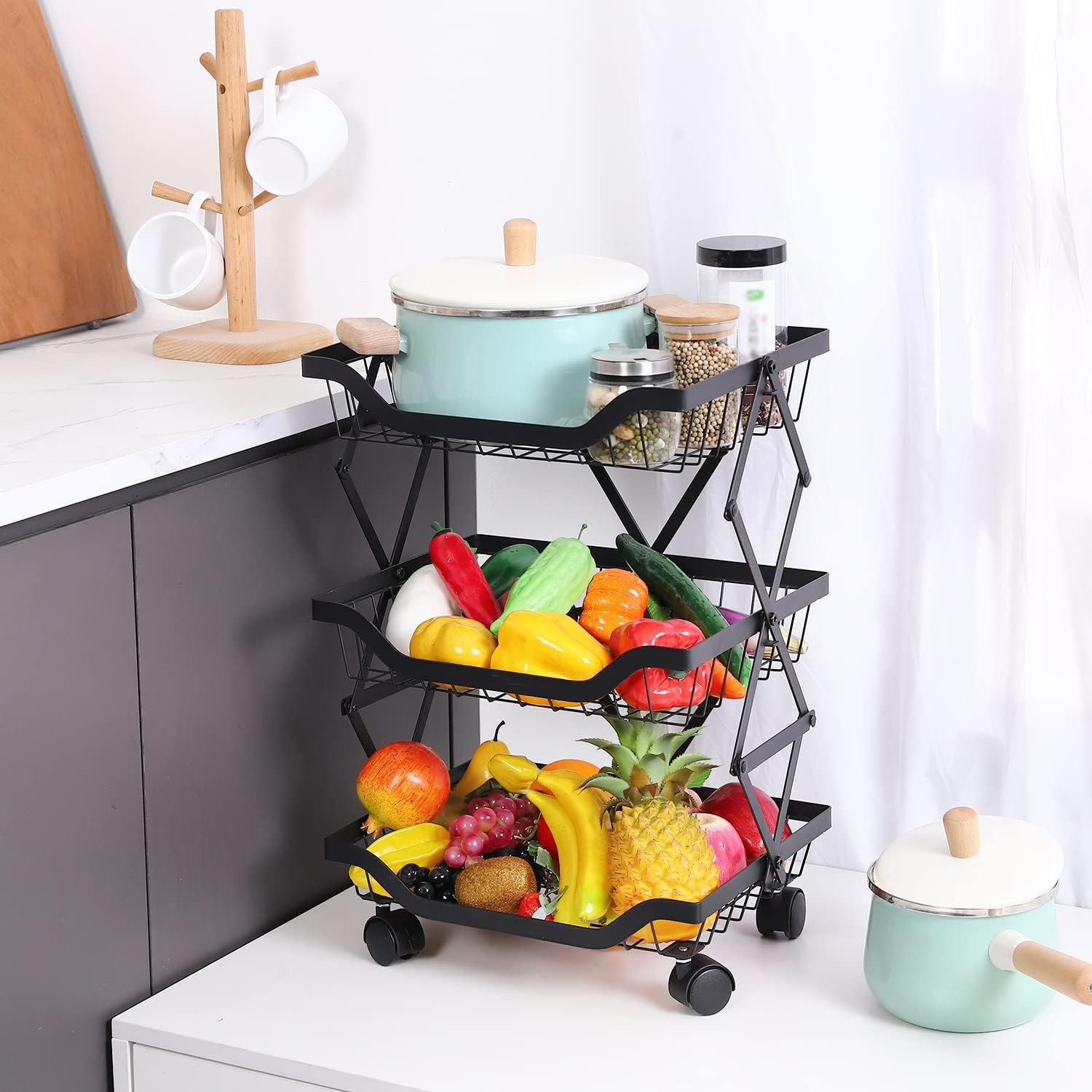 Kuber Industries 3-Layer Collapsible Kitchen Rack|Multipurpose Storage Basket|360-Degree Rotable Kitchen Trolley|Fruit Basket (Black)