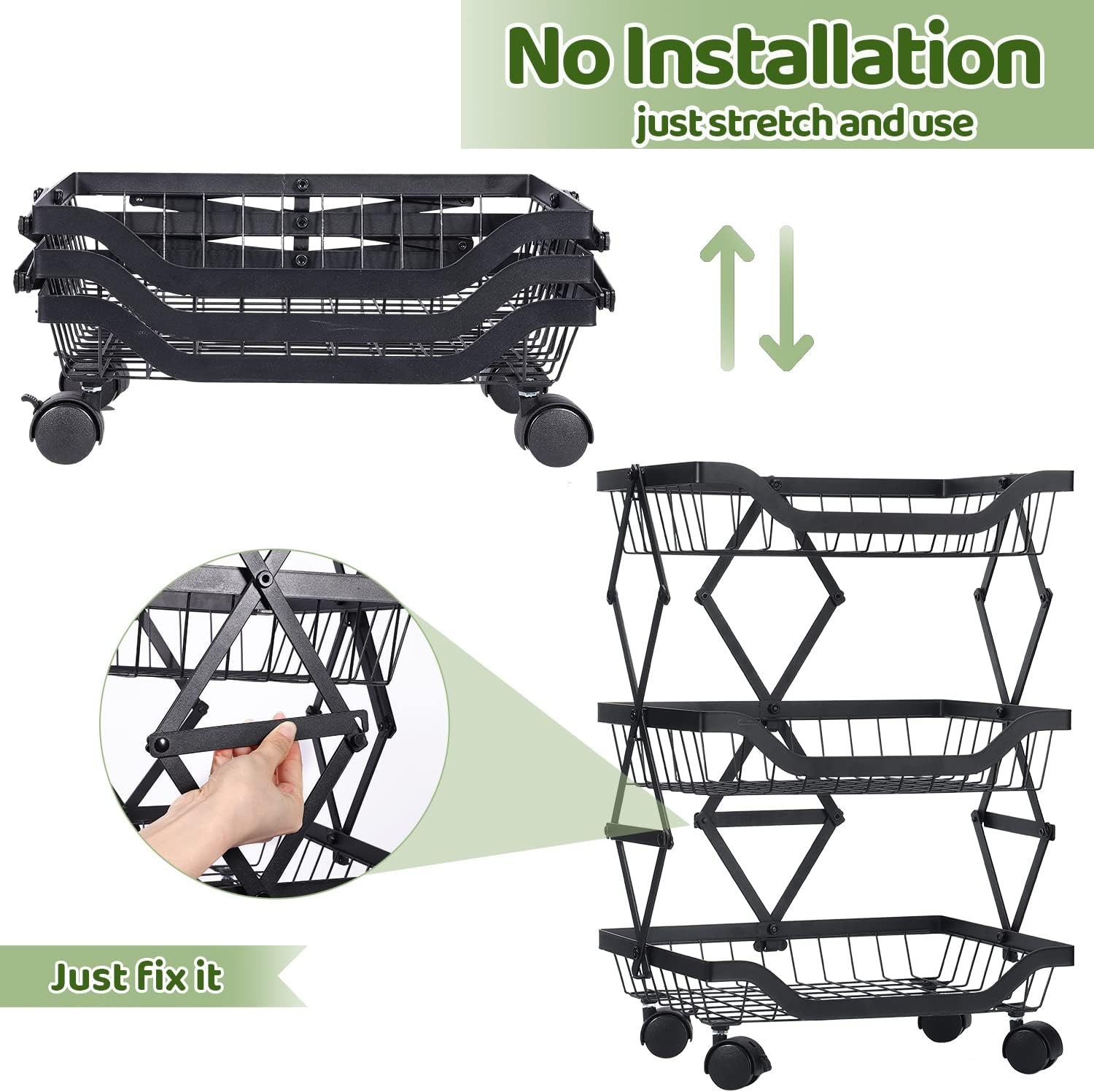 Kuber Industries 3-Layer Collapsible Kitchen Rack|Multipurpose Storage Basket|360-Degree Rotable Kitchen Trolley|Fruit Basket (Black)